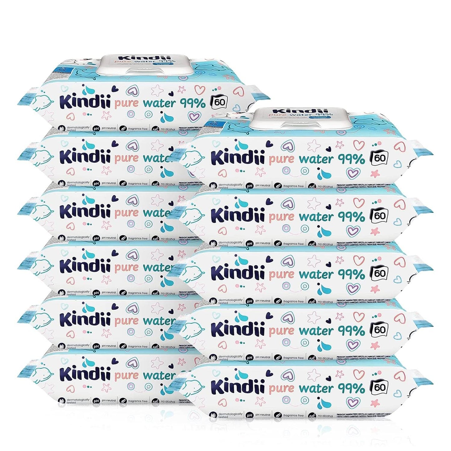 Kindii Feuchttücher Für Babies Und Kinder Pure Water 99% - 99%Ige Zusammenzeit Auf Wasserbasis - Allantoin - Unparfümiert - Dermatologisch Getestet - Für Empfindliche Haut - 720 Stück - 12X60 Stück Naty Shop