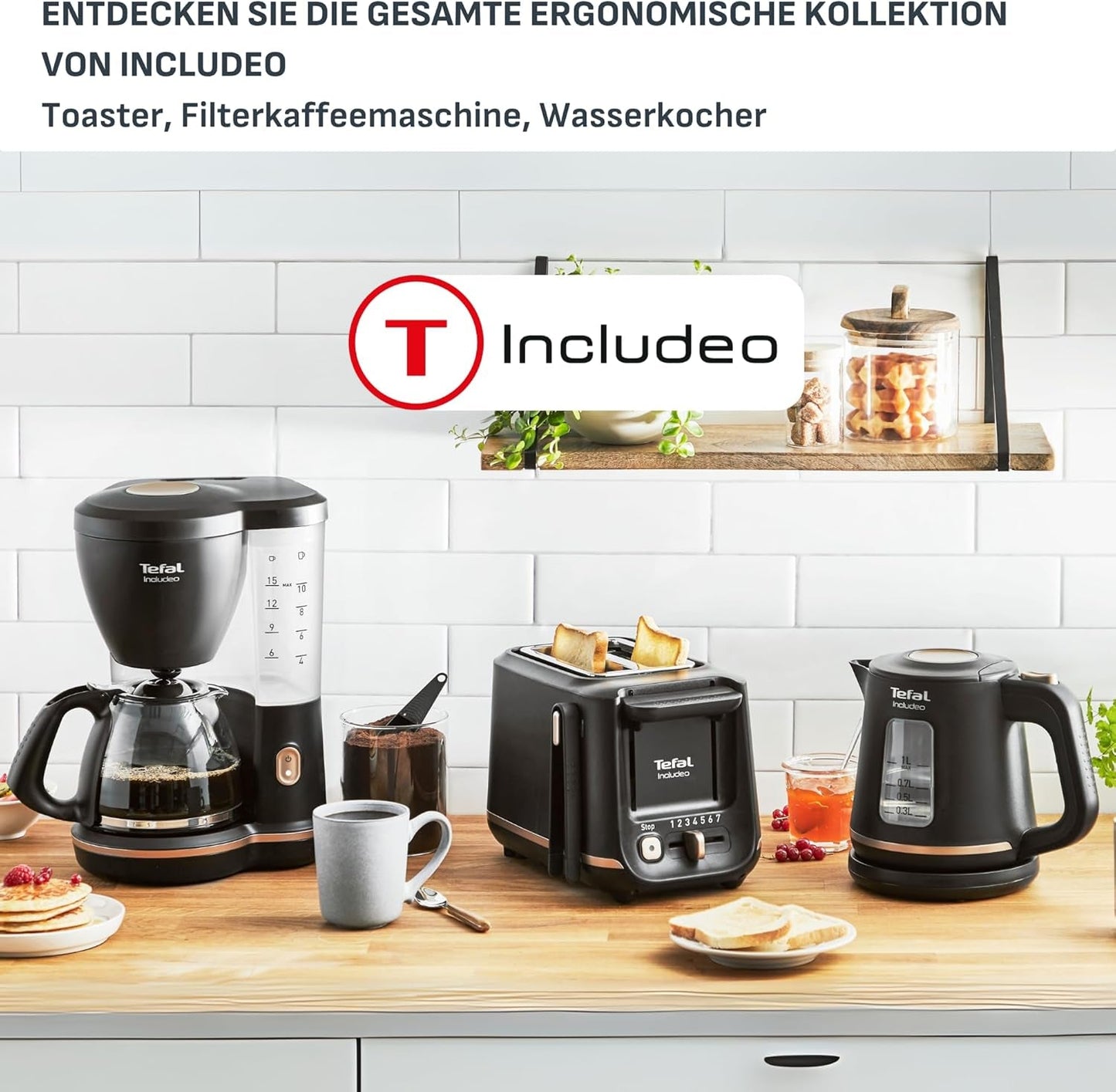 Macchina per caffè espresso con filtro Tefal Includeo, macchina per caffè espresso estremamente facile da usare, adatta per destrimani e mancini, apertura automatica del coperchio, 1,25 L, da 10 a 15 tazze, CM533811