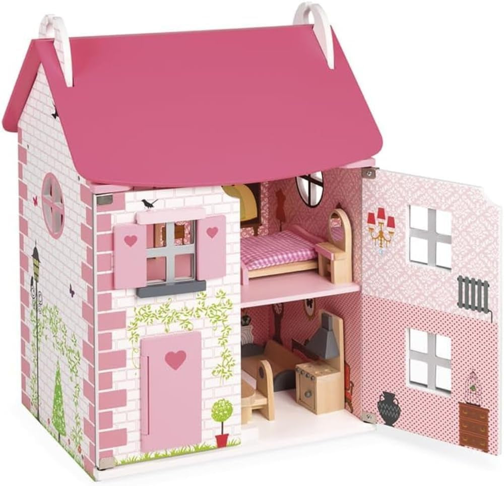 Janod Mademoiselle Casa delle bambole in legno a 3 piani con 11 accessori, giocattolo replica, sviluppa l'immaginazione, dai 3 anni in su, J06581