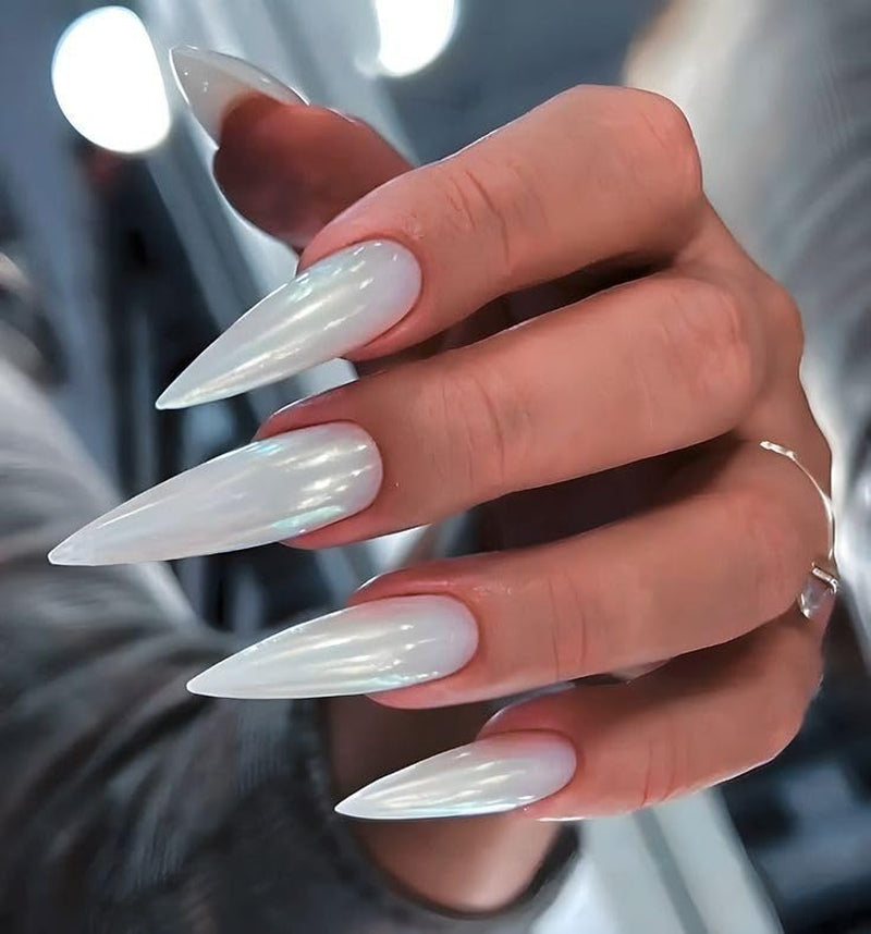 Moonglow Unghie Lunghe Stiletto Bianco Latte Rosa Sfumato Glitter Unghie Finte Fresche Con Colla Unghie Artificiali Glitter Rosa Ombre
