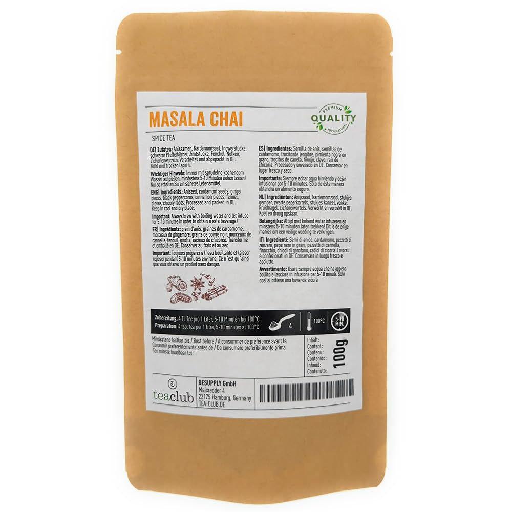 Miscela di spezie per tè Masala Chai 100g, spezie indiane per tè chai o chai latte, 100% naturali, non aromatizzate, Teaclub Tea