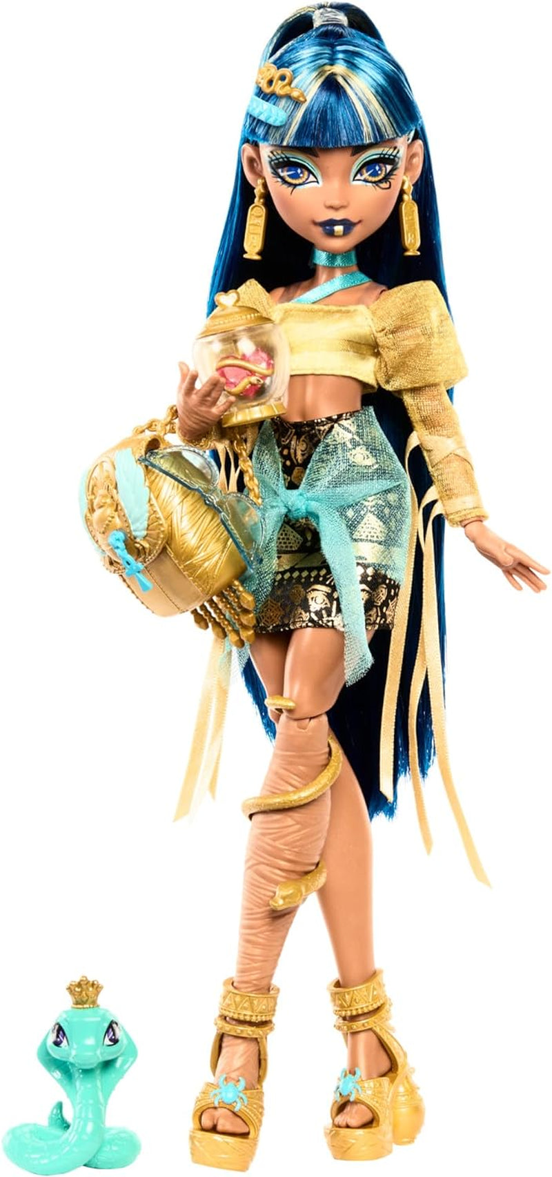 Monster High - Cleo De Nile, bambola con camicetta dorata e gonna a strati, include animaletto Cobra Hissette e accessori come zaino, snack e rotolo di carta, HXH74 Naty Shop Cobra Hissette Dolls