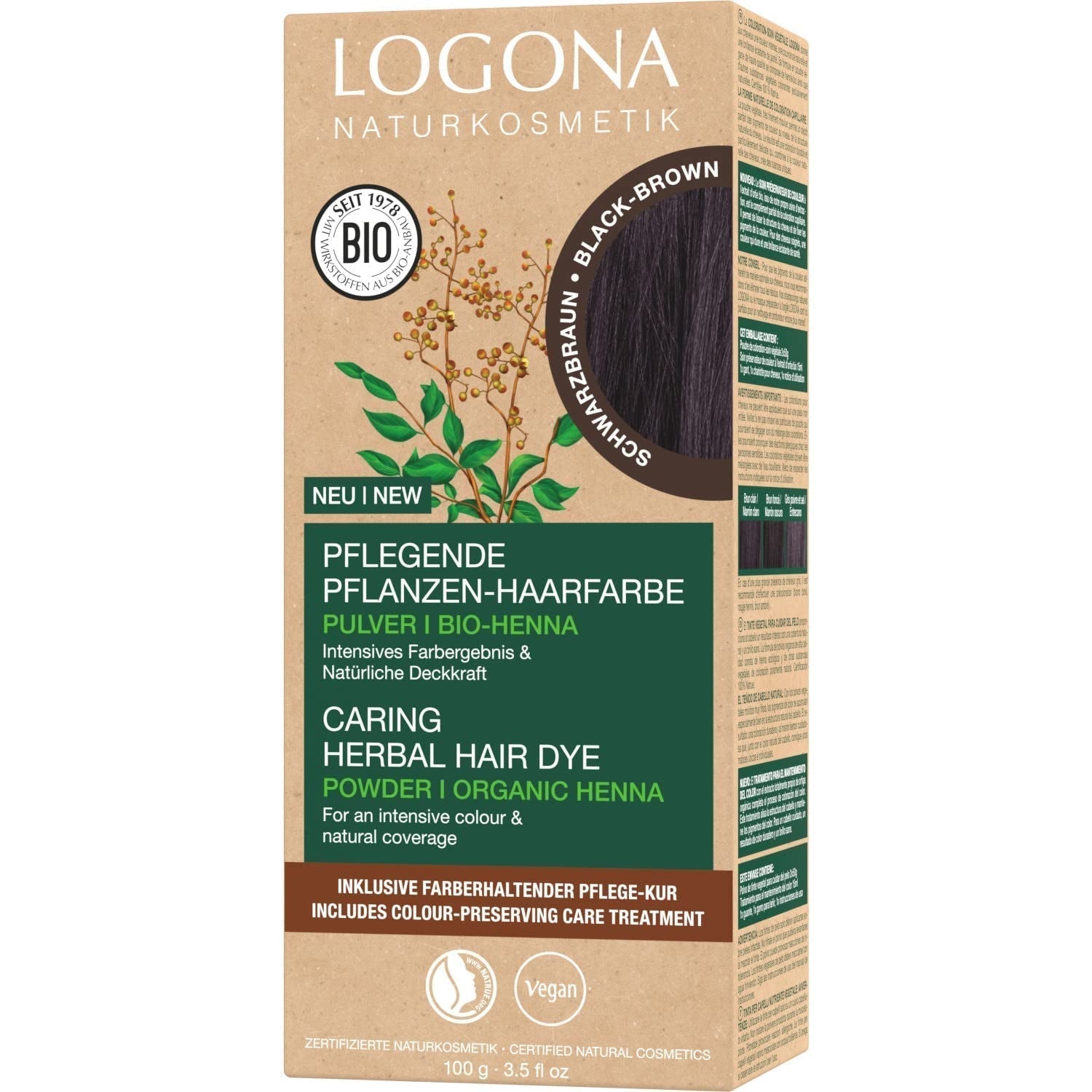 LOGONA Natural Cosmetics Tintura per capelli nutriente alle erbe, tintura per capelli vegana in polvere di henné biologico per colore e lucentezza intensi, tintura per capelli alle erbe in biondo ramato (biondo), 1 x 100 g di tintura per capelli Naty Shop nero-marrone 100 g (1 confezione)