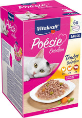 Vitakraft Poésie Création, Tender Selection, Cibo umido per gatti, Cibo umido per gatti in salsa, con pollo, con tacchino, con manzo, senza zuccheri aggiunti e cereali (1 confezione da 6 x 85g)