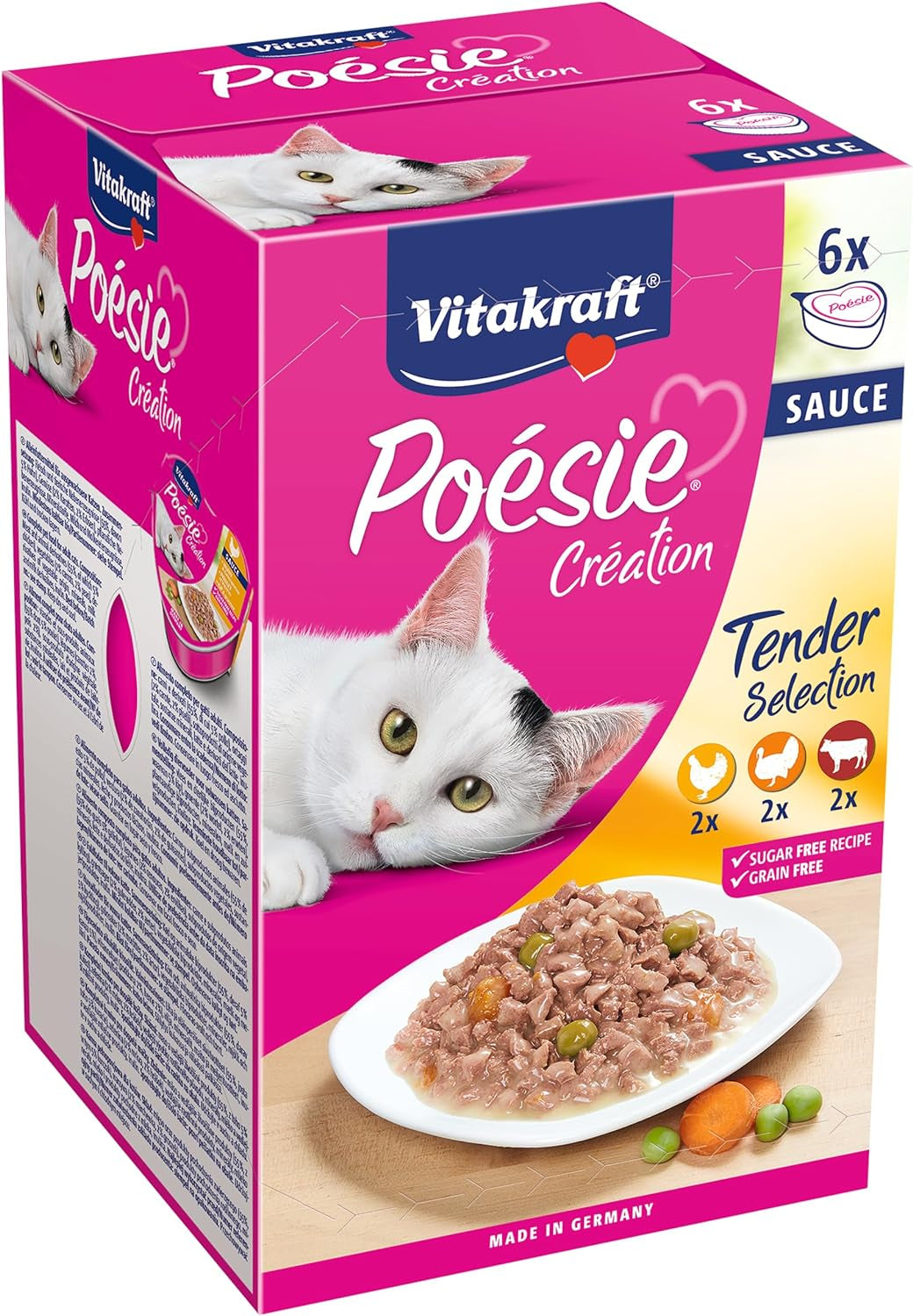 Vitakraft Poésie Création, Tender Selection, Cibo umido per gatti, Cibo umido per gatti in salsa, con pollo, con tacchino, con manzo, senza zuccheri aggiunti e cereali (1 confezione da 6 x 85g)
