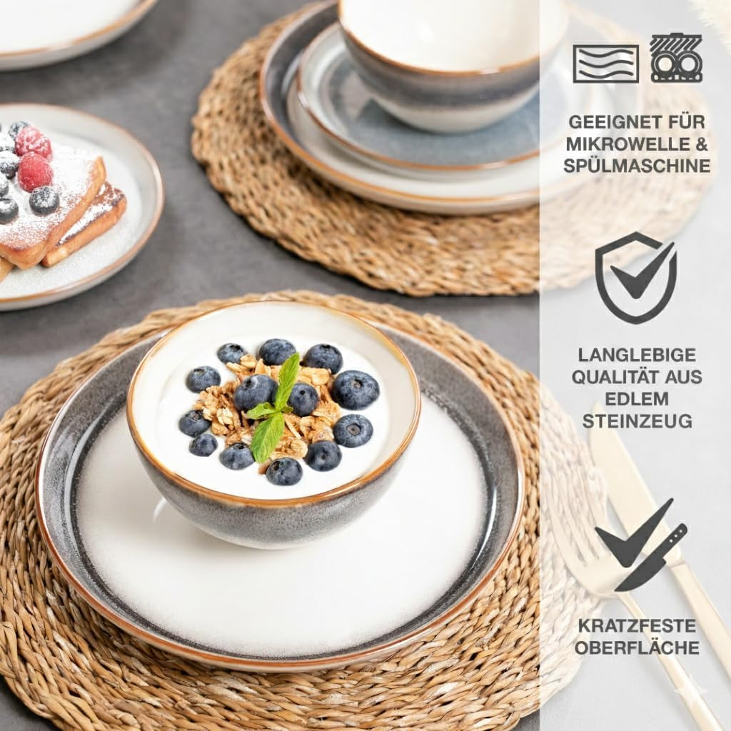 Moritz & Moritz TARENTO Servizio Piatti 24 Pezzi per 6, Grigio - Elegante Set di Piatti in Gres di Alta Qualità - Il set di stoviglie comprende 6 piatti piani, 6 piatti da dessert, 6 piatti piani e 6 tazze