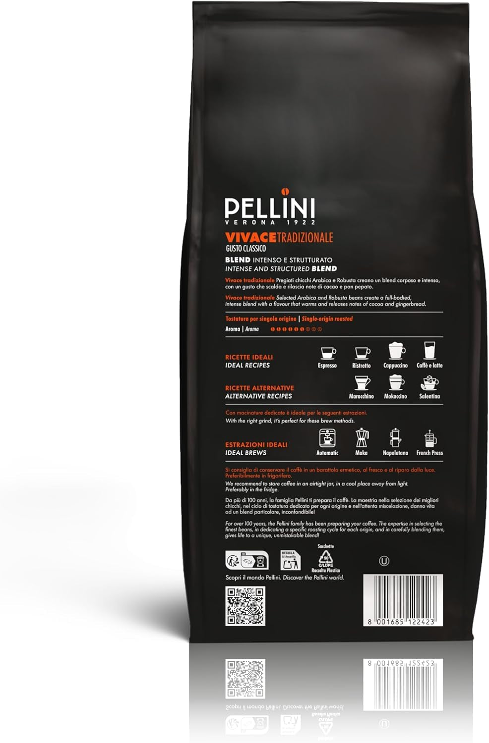 Pellini N.82 Vivace, Kaffeebohnen für Espresso 1 kg, Arabica- und Robusta-Mischung mit Kräftigem und Ausgefungem Gesmack, Mittlere Röstung