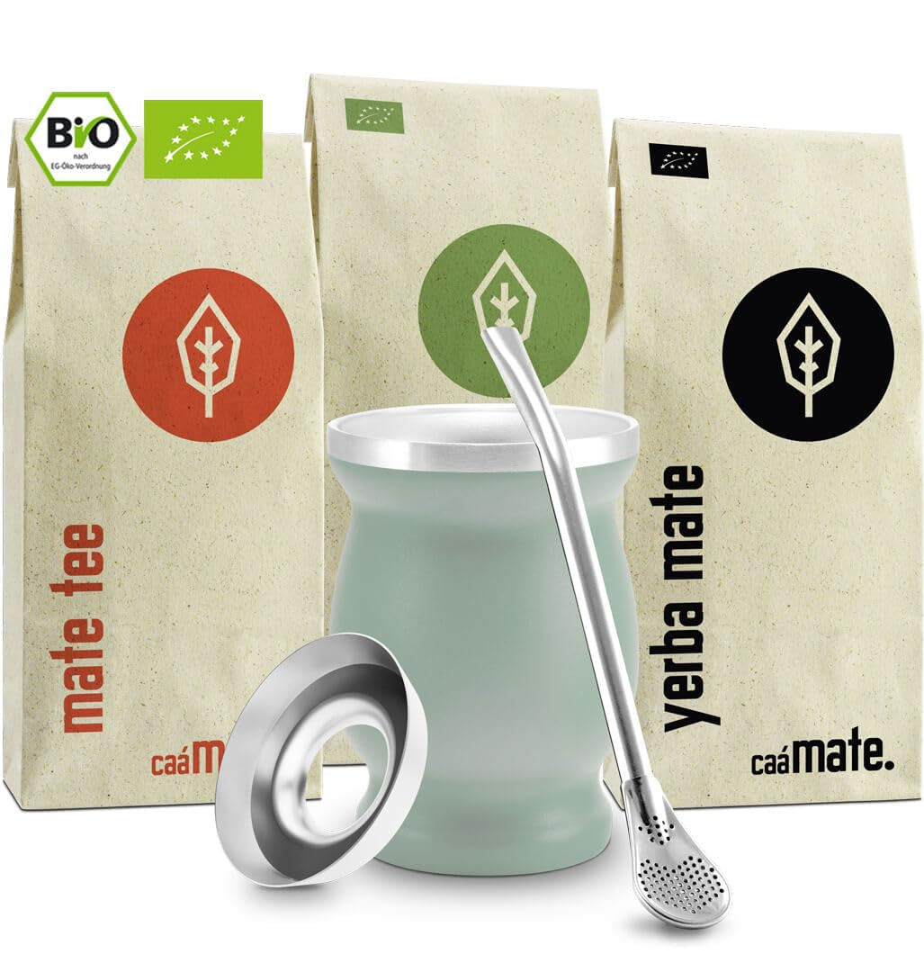Set da tè Mate Bio ● 3 assortimenti di Mate + Tazza Mate in acciaio inossidabile a doppia parete + Bombilla + Istruzioni per la preparazione (Nero)