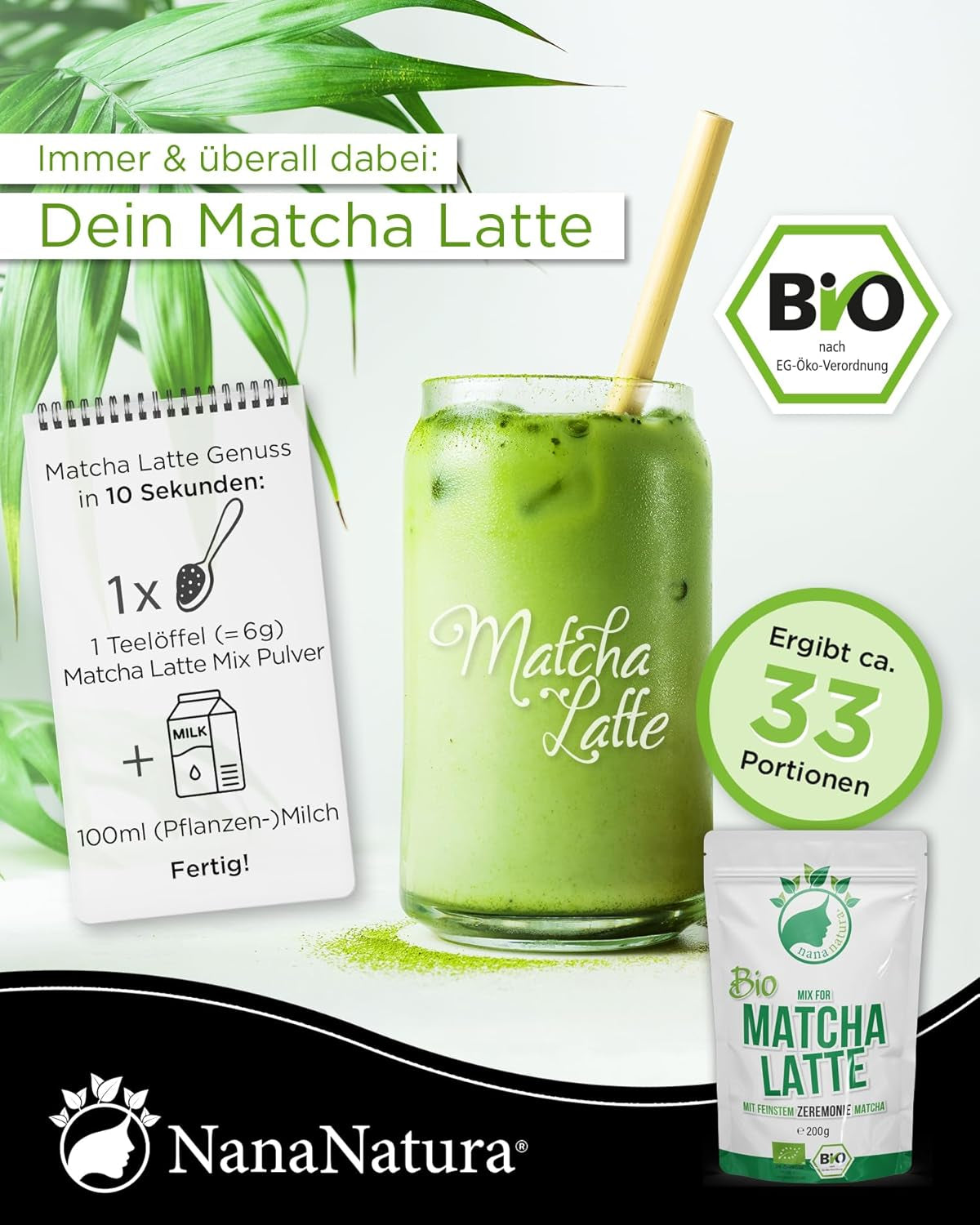 Mix di latte matcha biologico di Nananatura con polvere di tè verde di grado cerimoniale al 22% dal Giappone | Per un piacere semplice e delizioso del tè | Adatto anche per gelati e pasticceria