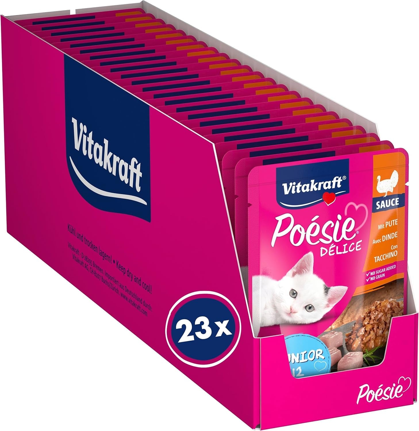 Vitakraft Poésie Délice, Junior, Cibo umido per gatti, Cibo umido in salsa, con tacchino, Confezione multipla, per gatti giovani, Senza zuccheri o cereali aggiunti (23 x 85g)