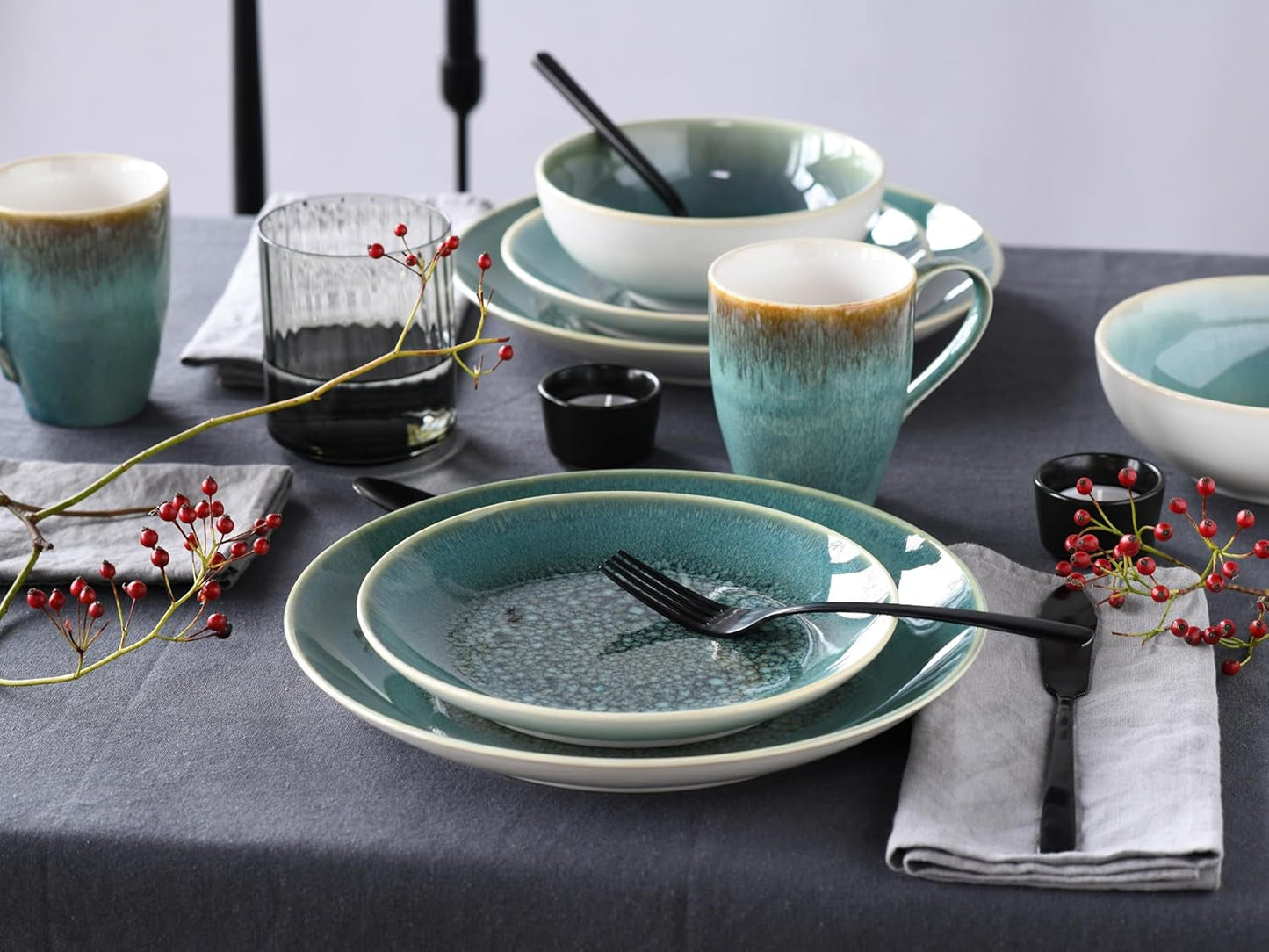 Creatable, serie Caldera, set di stoviglie in gres lavabile in lavastoviglie e adatto al microonde, produzione di qualità (set combinato da 8 pezzi verde)