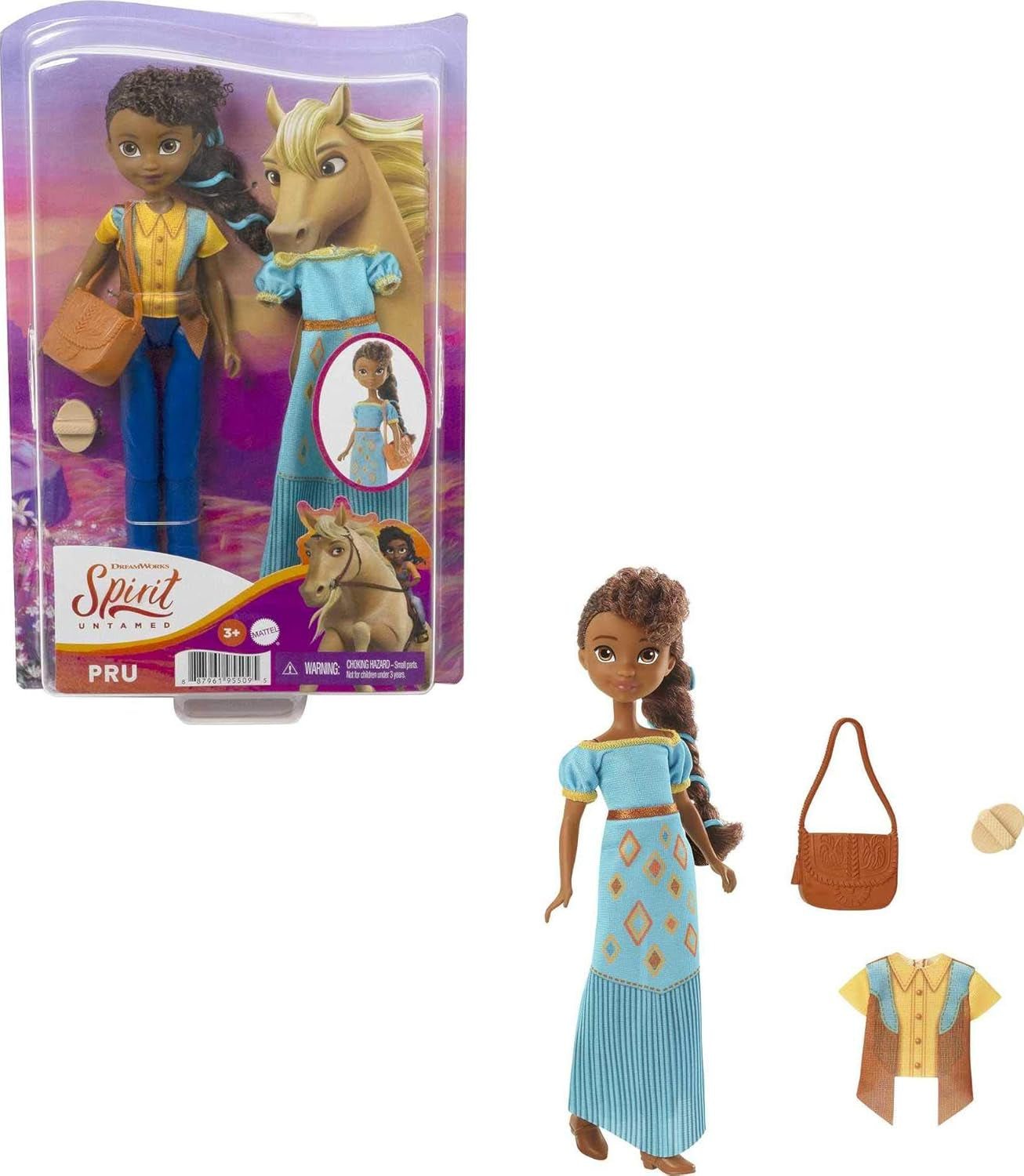 Dreamworks Spirit GXF18 - Spirit - Bambola Pru, divertente e alla moda, libera e indomita (18 cm), 2 abiti e accessori alla moda, 7 giunti mobili, ottimo regalo per bambini dai 3 anni in su