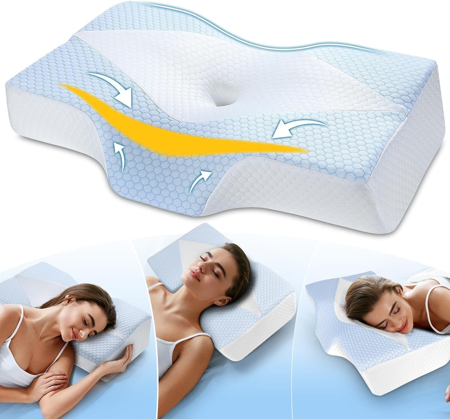 Cuscino per il collo in memory foam Cuscino ortopedico ergonomico per dolori al collo e alle spalle - Cuscino rinfrescante per chi dorme sul fianco, sulla schiena e sullo stomaco con supporto per il collo Cuscini ortopedici cervicali Naty Shop Blu Bianco (63,5 cm*40,6 cm*10,7/13,2 cm) Blau Weiss (63,5 cm*40,6 cm*10,7/13,2 cm)