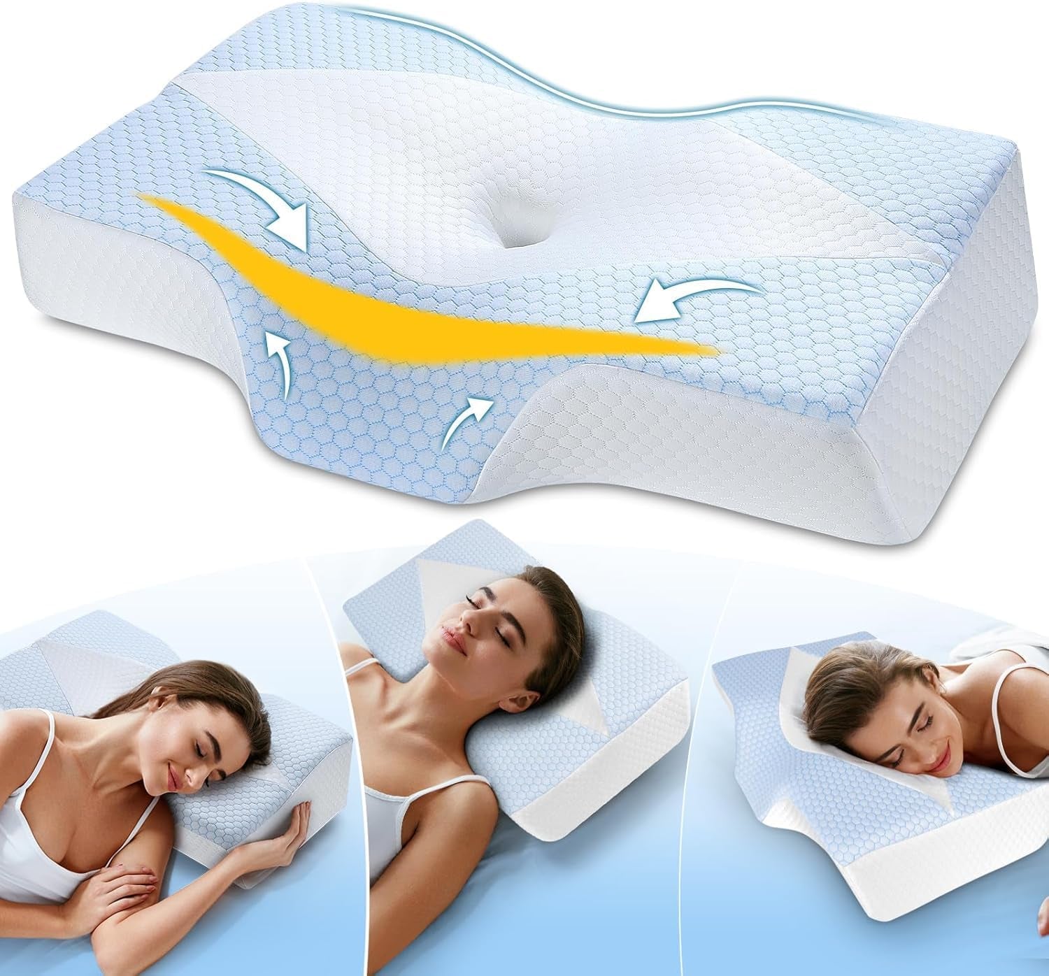 Cuscino per il collo in memory foam Cuscino ortopedico ergonomico per dolori al collo e alle spalle - Cuscino rinfrescante per chi dorme sul fianco, sulla schiena e sullo stomaco con supporto per il collo Cuscini ortopedici cervicali Naty Shop Blu Bianco (63,5 cm*40,6 cm*10,7/13,2 cm) Blau Weiss (63,5 cm*40,6 cm*10,7/13,2 cm)