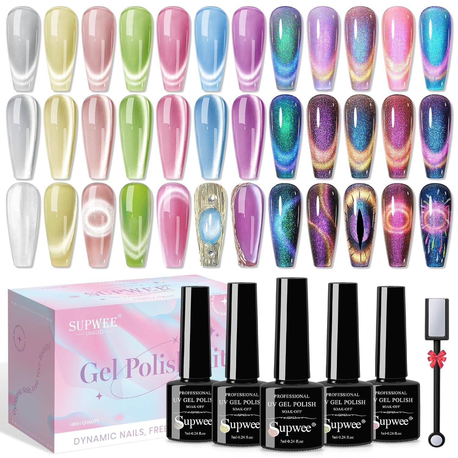 SUPWEE Strumento magnetico per unghie 5 in 1, Magnete rosa Cat Eye per unghie Stilo magnetico multifunzione Fai da te Magic 3D Magnet Stick Pen Set Nail Art Magnet Stick per Nail Art Articoli fai da te