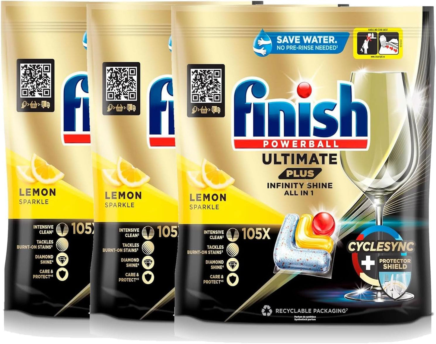 Finish Ultimate plus Infinity Shine Citrus Tabs Lavastoviglie - Pastiglie per la lavastoviglie, pulizia intensiva - 105 capsule, limone Naty Shop Set 3 x 105 capsule