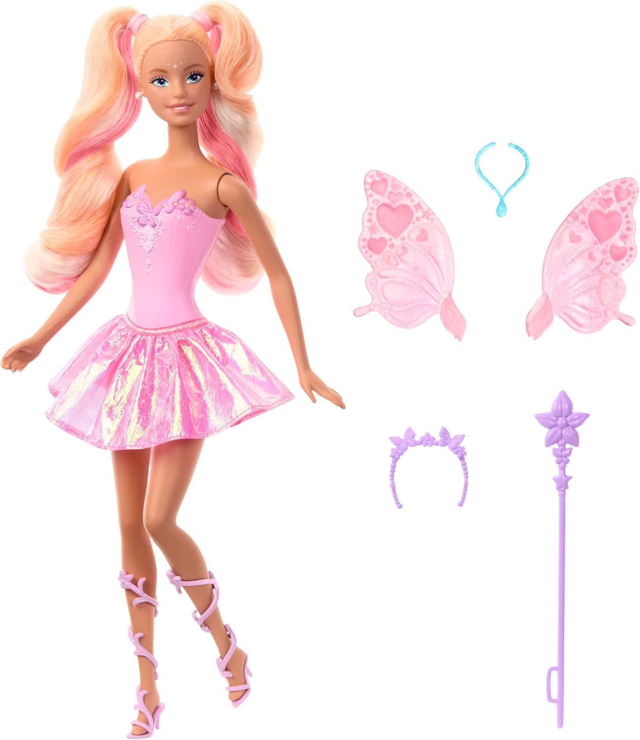Mattel Barbie Fata con bacchetta giocattolo e accessori moda, tema fantastico con ali e vestito che cambia colore, JCP76, [Multicolore] Naty Shop Dolls