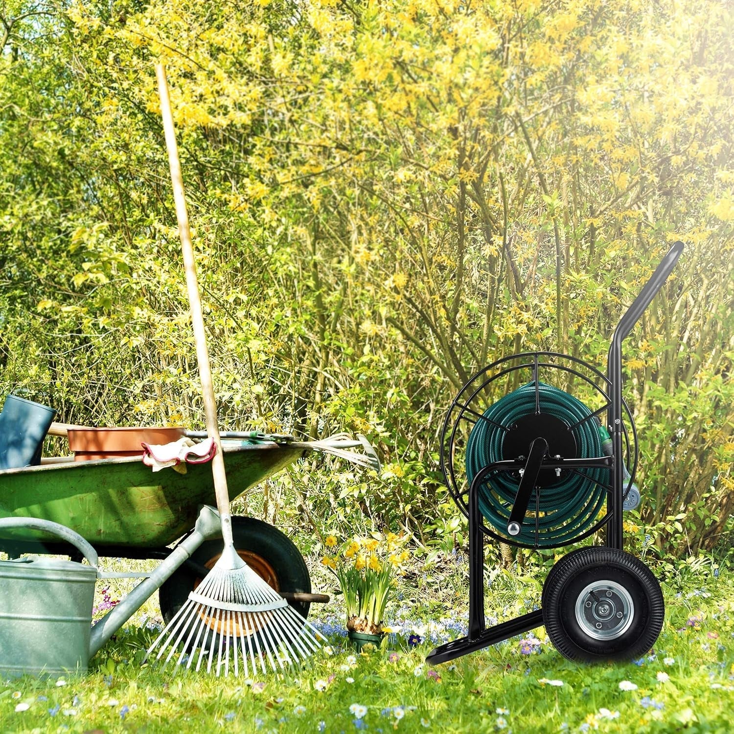 Carrello portatubo Relaxdays, avvolgitubo mobile, attacco 1/2" e 3/4", tubo fino a 80 m, 2 ruote, metallo, nero