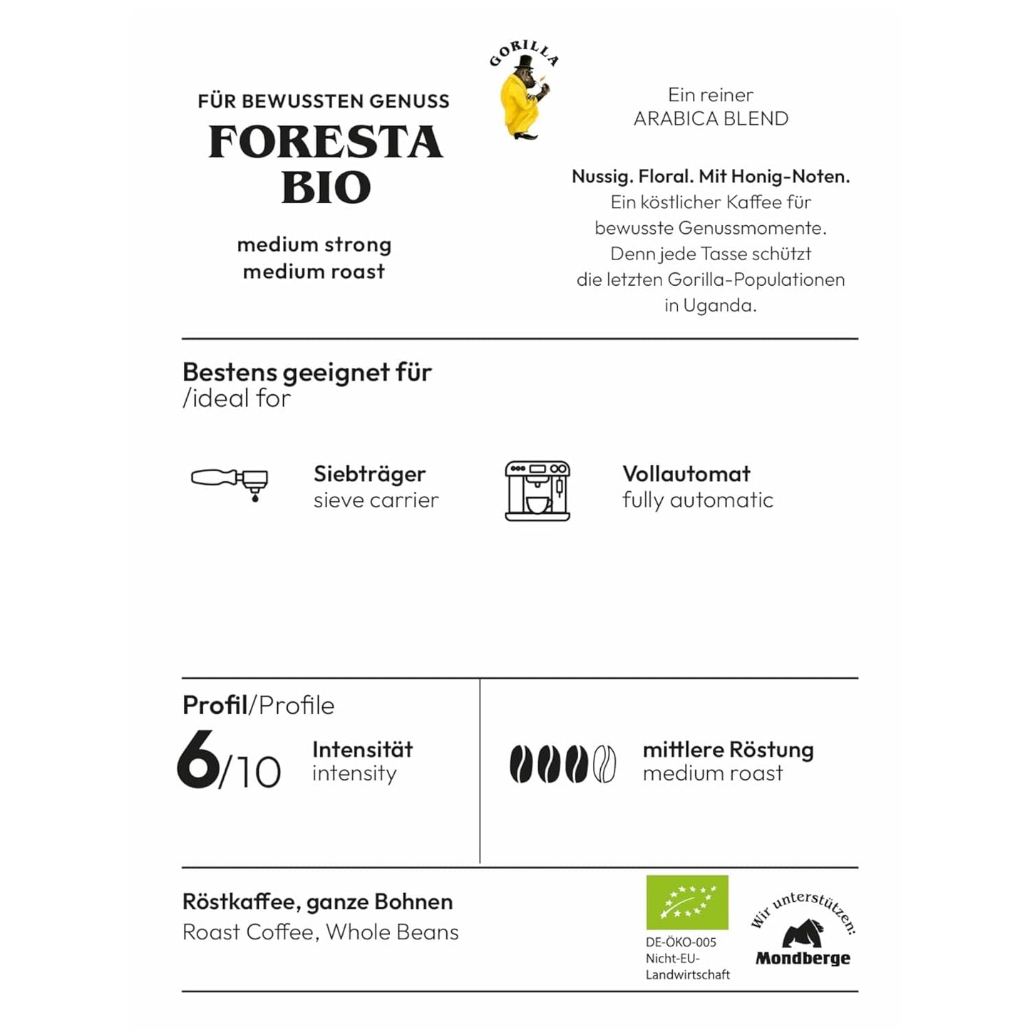 Gorilla Foresta Coffee 6 x 1000 g di chicchi interi tostati | Miscela Arabica | Portafiltro e macchine per caffè espresso completamente automatiche | Caffè espresso