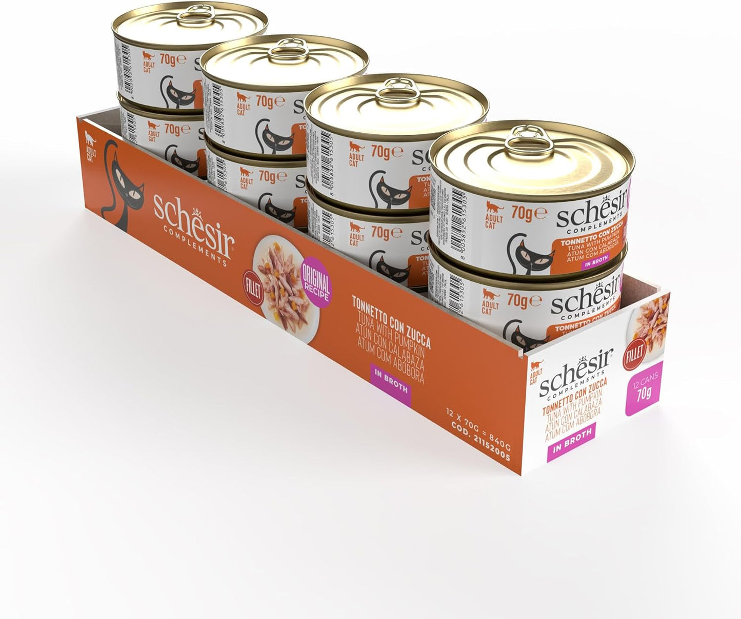 Tonno con zucca in brodo, alimento umido complementare per gatti, ricetta originale, 100% naturale, 12 lattine da 70g ciascuna