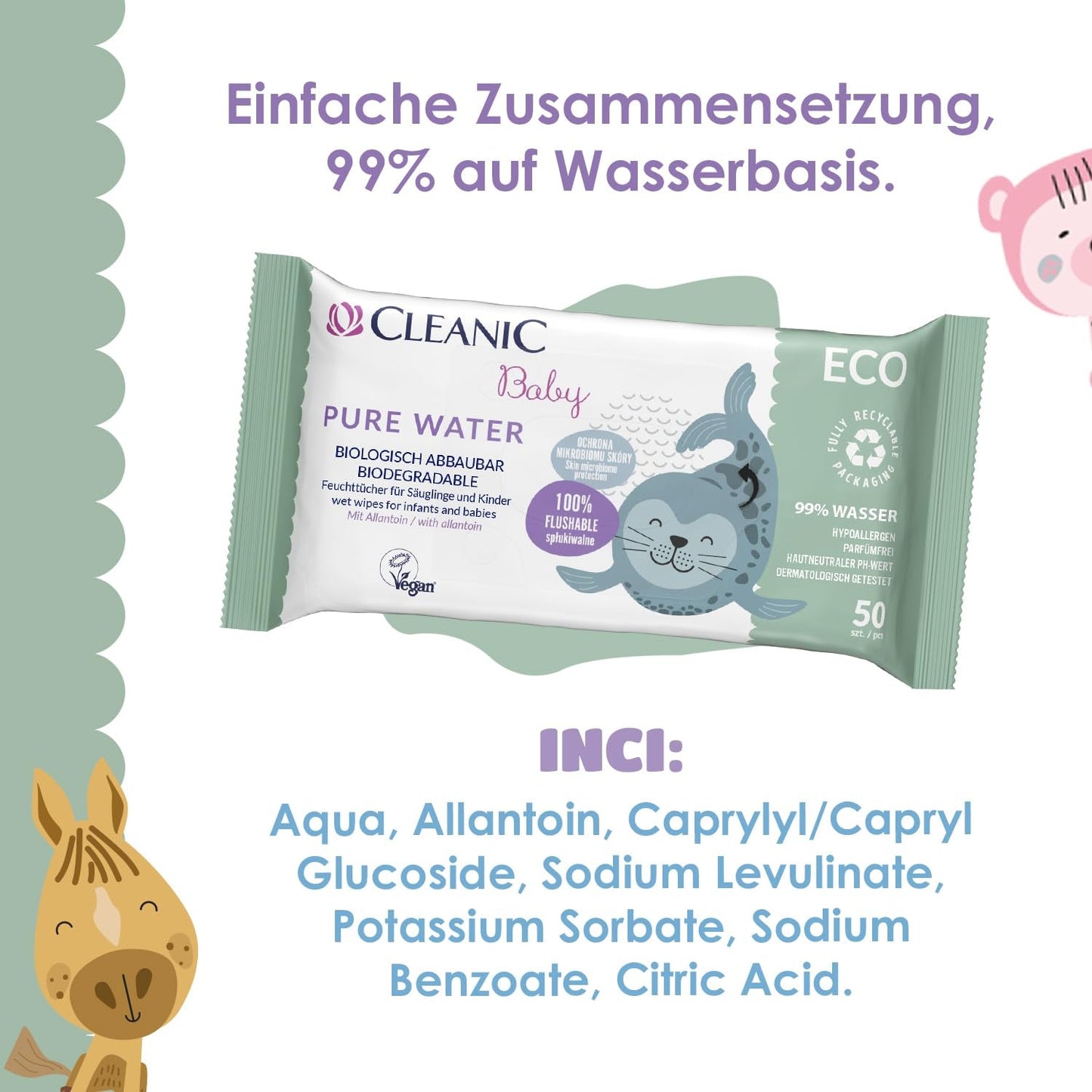 Salviettine umidificate Cleanic Baby Eco Pure Water – (1 x 50 pz.) Salviette umidificate per bambini e neonati – senza profumo, lavabili, pelle sensibile – 50 pz.