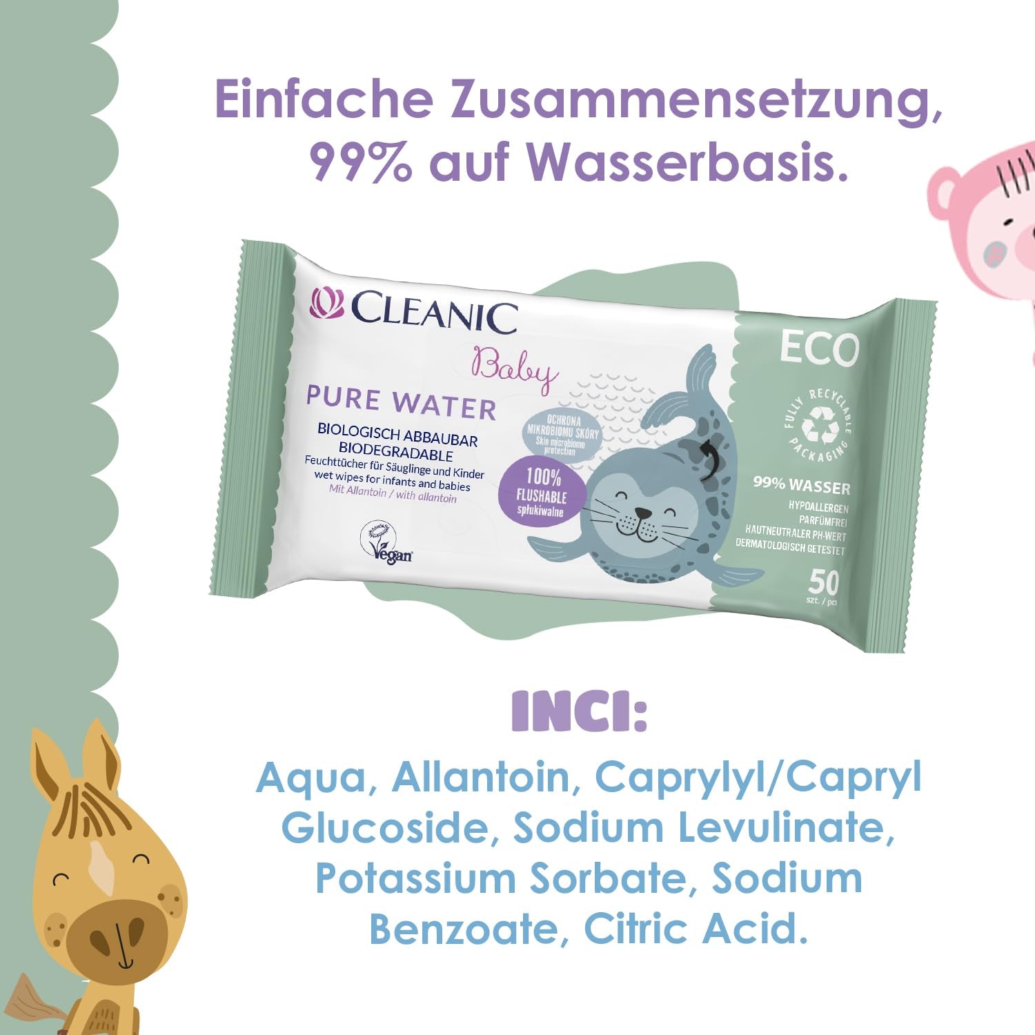 Salviettine umidificate Cleanic Baby Eco Pure Water – (1 x 50 pz.) Salviette umidificate per bambini e neonati – senza profumo, lavabili, pelle sensibile – 50 pz.