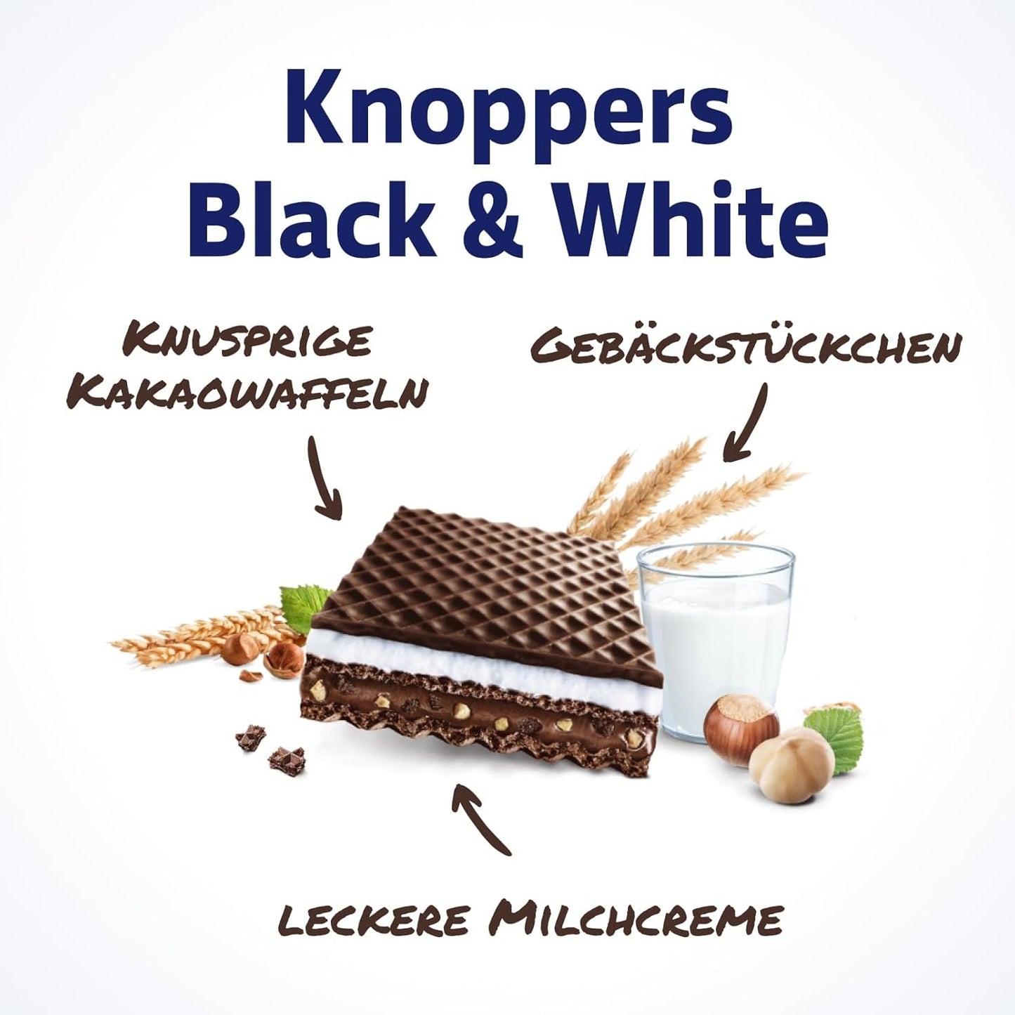 Knoppers Bianchi e Neri – 8 x 25g – Fette di wafer ripiene di wafer al cacao fondente, pezzetti di biscotti neri, crema al latte e torrone