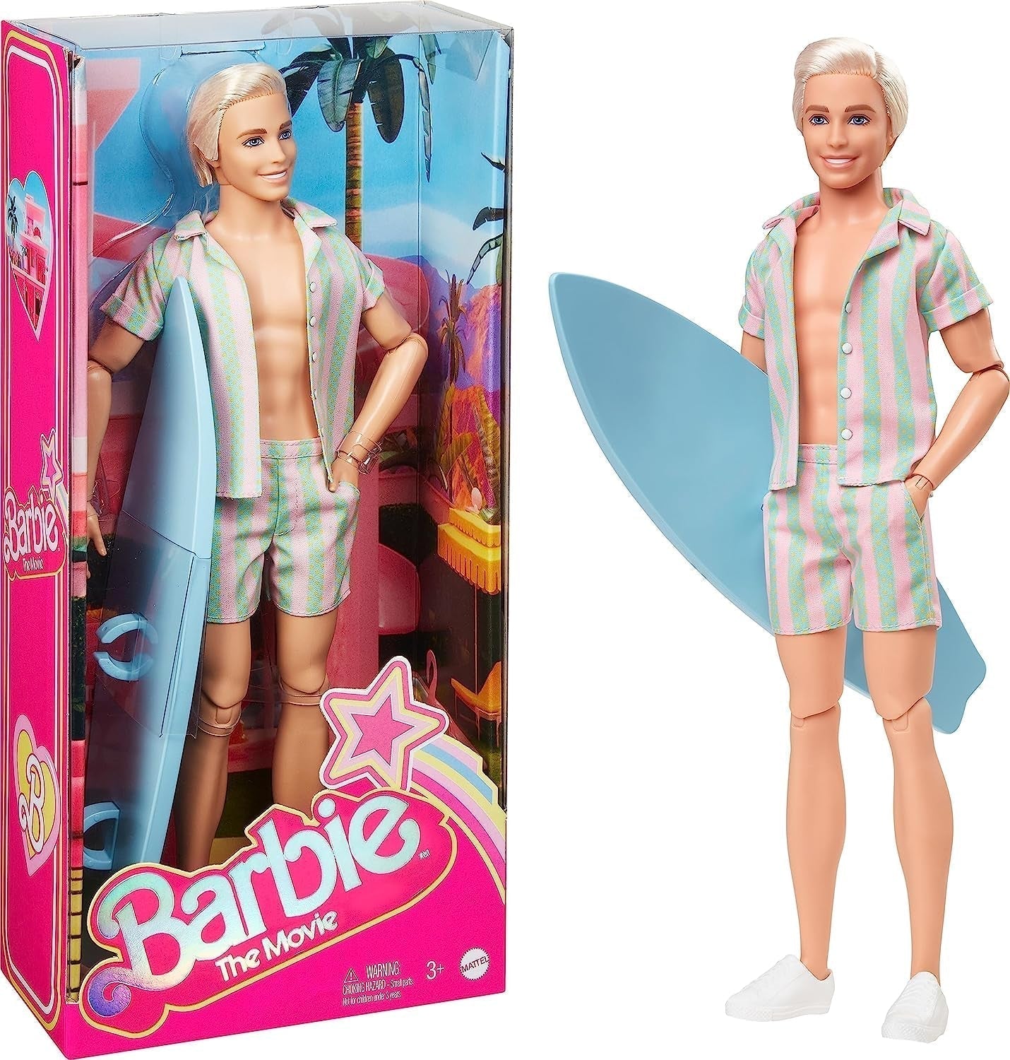 Barbie il film - Appassionati di film su bambole, bambola Ken, bambola da collezione con tavola da surf e scarpe da ginnastica, corpo mobile, capelli biondo platino, adatta come regalo per bambini di 3 anni, titolo predefinito per bambole HPJ97 Naty Shop