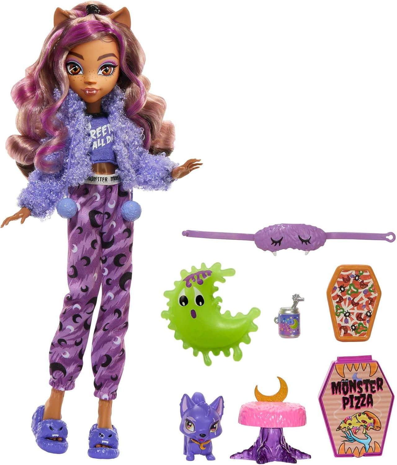 MONSTER HIGH Accessori per bambole e pigiama party, bambola Clawdeen Lupo con gatto domestico, mezzaluna, festa Creepover, HKY67