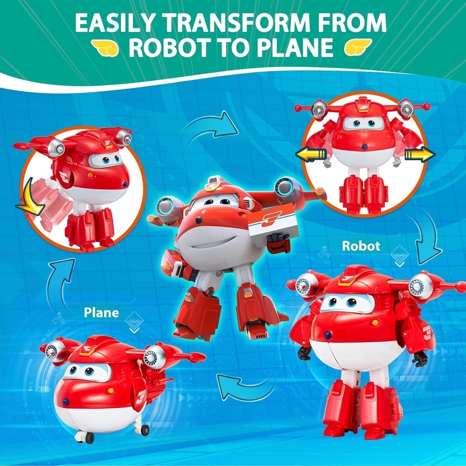 Super Wings Personaggi trasformanti da 5" Confezione da 2 Jett sovralimentato trasformante + Tino Giocattolo trasformatore per ragazzi e ragazze dai 3 anni in su Action Figure rosse Naty Shop