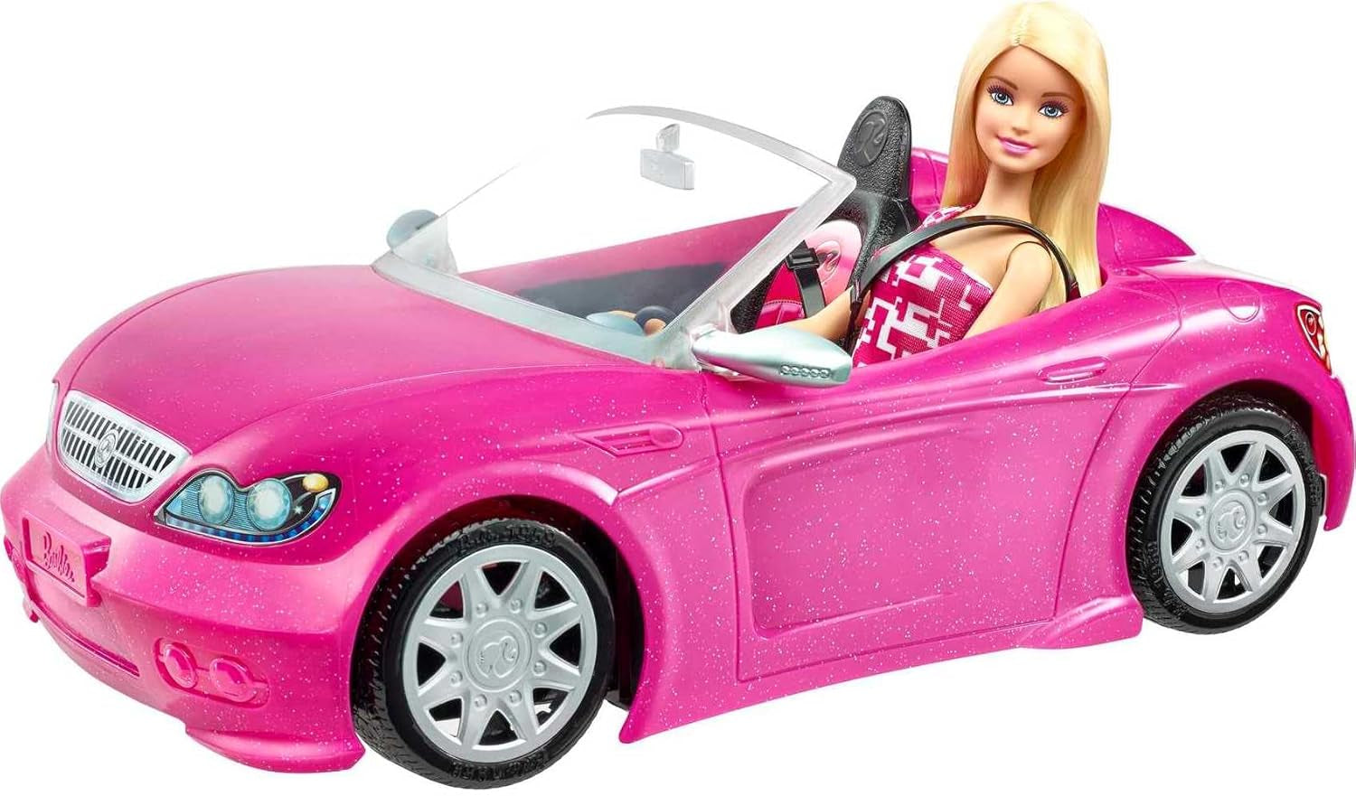 Bambola Barbie decappottabile con glitter rosa, pneumatici realistici, logo, giocattolo dai 3 anni in su, DJR55