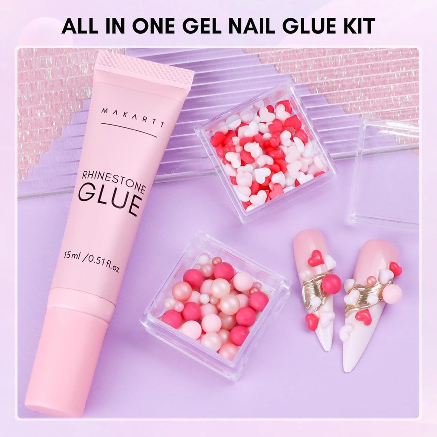 Makartt Gel adesivo per strass - Set di colla UV per unghie da 15 ml con ciondoli per unghie rosa Cuore Cerchio Gioielli per unghie e accessori per design delle unghie per manicure domestica Regalo di San Valentino