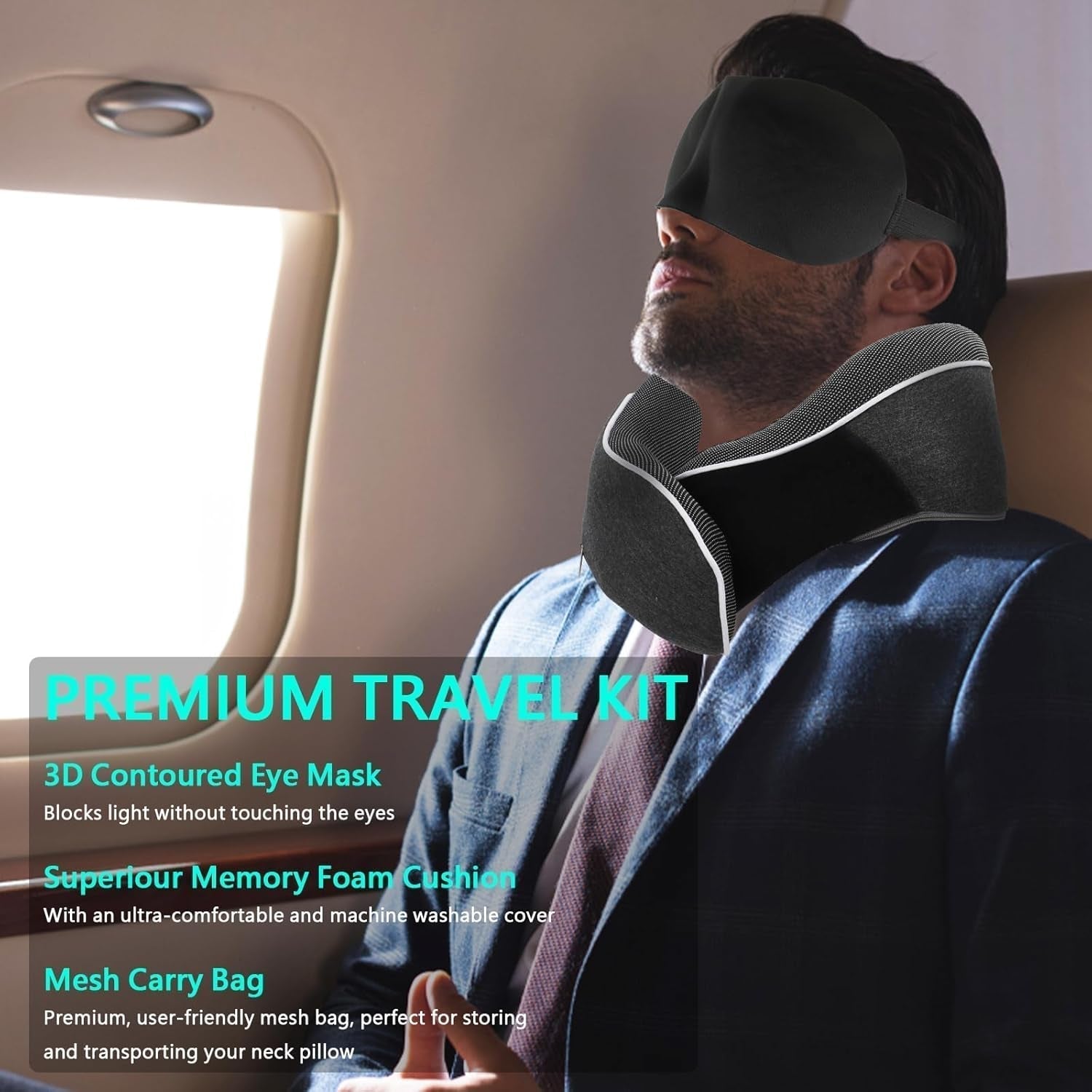 KILDOWS Cuscino per il collo dell'aereo, Cuscino da viaggio in memory foam, Cuscino da viaggio per l'aereo con maschera per gli occhi e tappi per le orecchie, Cuscino per il collo ortopedico, Ideale per viaggiare in aereo, macchina, treno Cuscini ortopedici cervicali Naty Shop