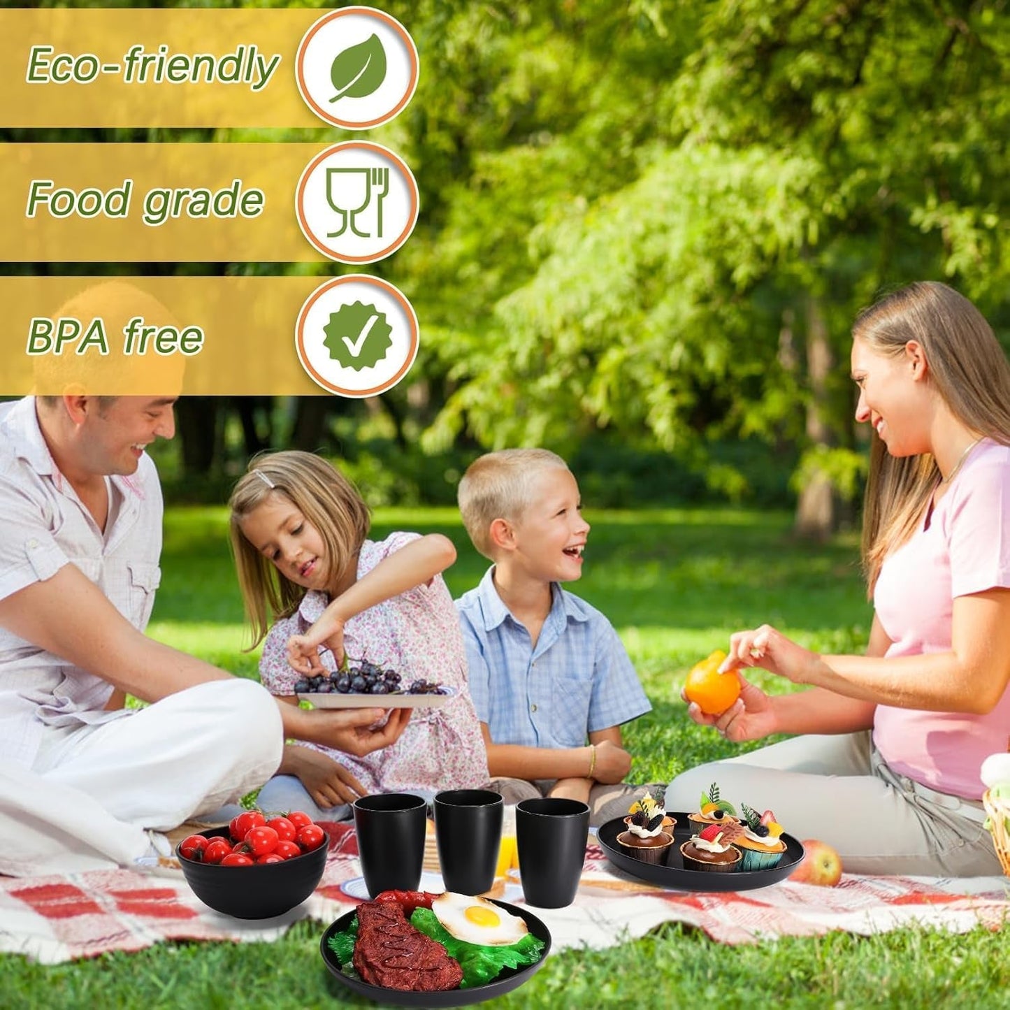 Stoviglie da campeggio Set di stoviglie in plastica riutilizzabile leggera da 32 pezzi per 8 persone, comprese ciotole Piatti Tazze Stoviglie da picnic infrangibili in plastica ecologica