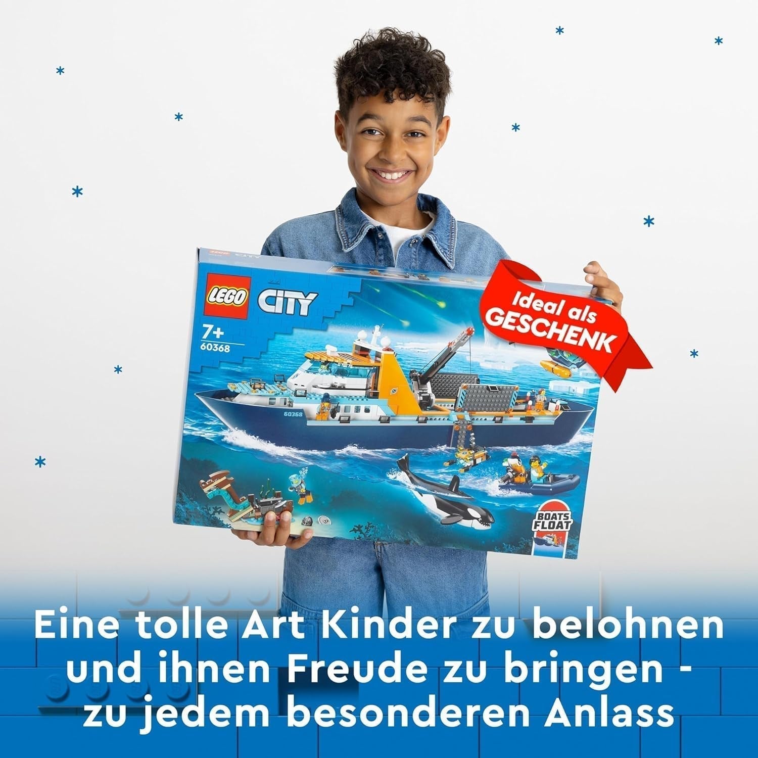 LEGO City Nave da ricerca artica, grande barca giocattolo galleggiante con elicottero, gommone, sottomarino Rov, relitto vichingo, 7 minifigure e figura dell'orca, regalo per bambini dai 7 anni in su 60368 Set da costruzione Besuche den LEGO-Store