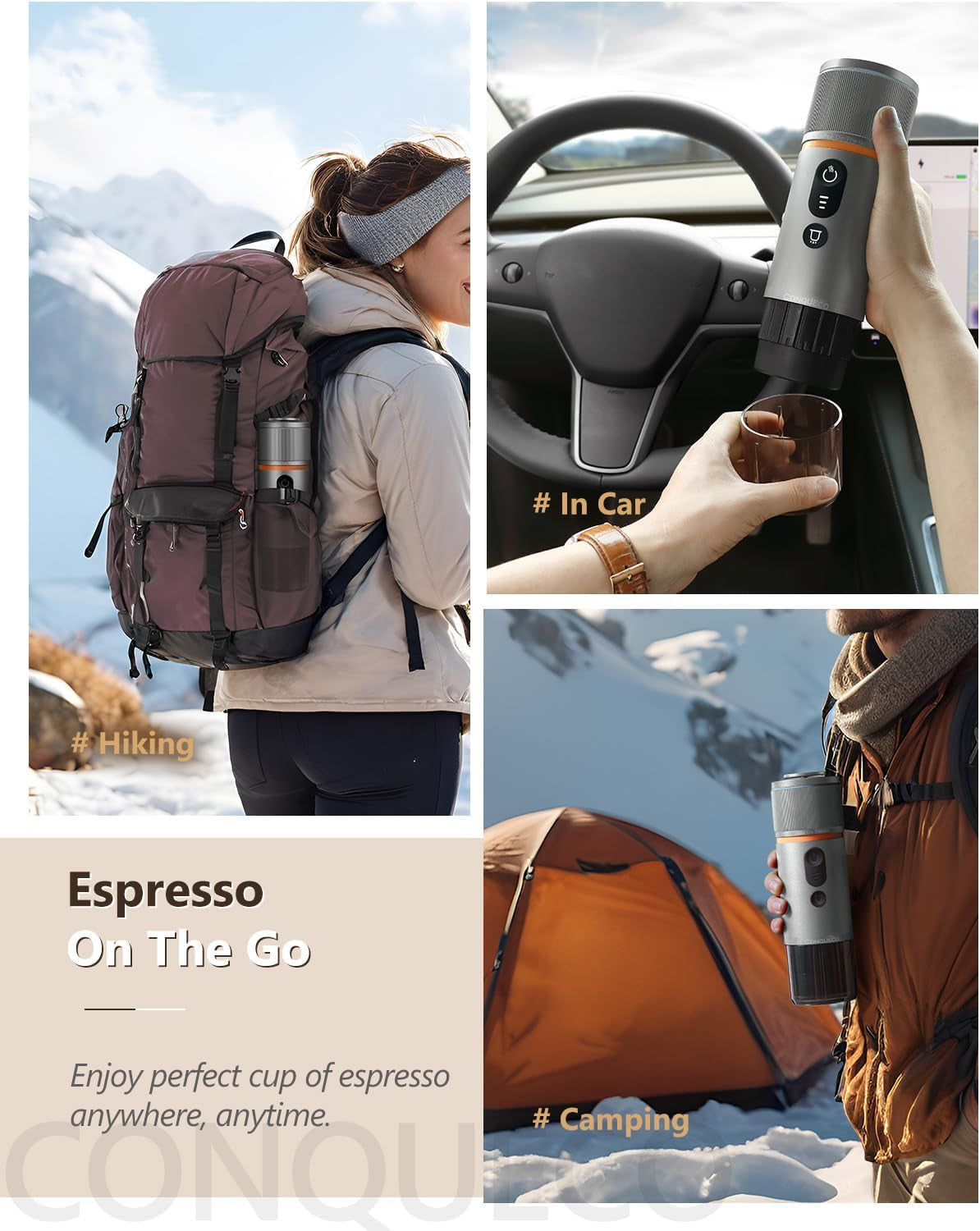 Macchina per caffè espresso CONQUECO 12V: macchina per caffè espresso portatile con batteria per campeggio e viaggi - Riscaldamento rapido in 2,5 minuti - 8 tazzine per caffè espresso in una sola carica