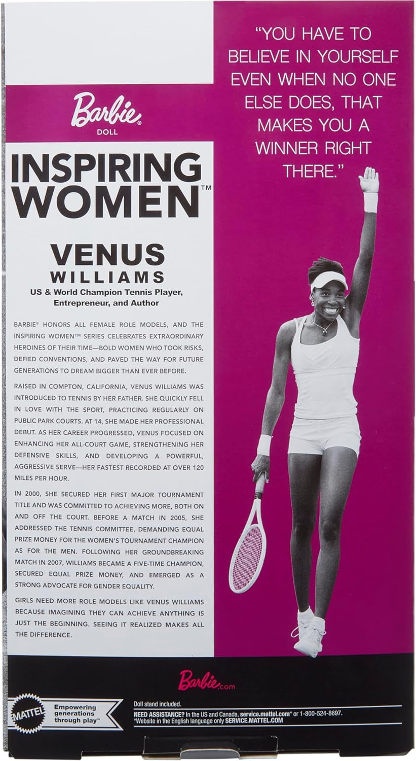 Barbie Inspiring Women Series Venus Williams Fashion Doll con uniforme autografata e racchetta da tennis inclusa scatola di presentazione HRM49