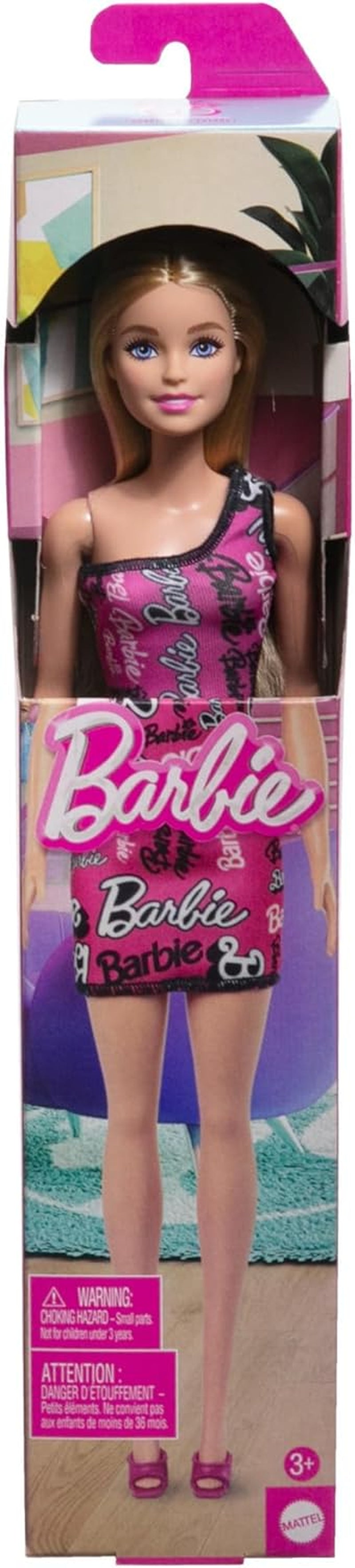Bambola Barbie alla moda con capelli biondi lisci, abito rosa monospalla staccabile e scarpe con logo stampato, HRH07