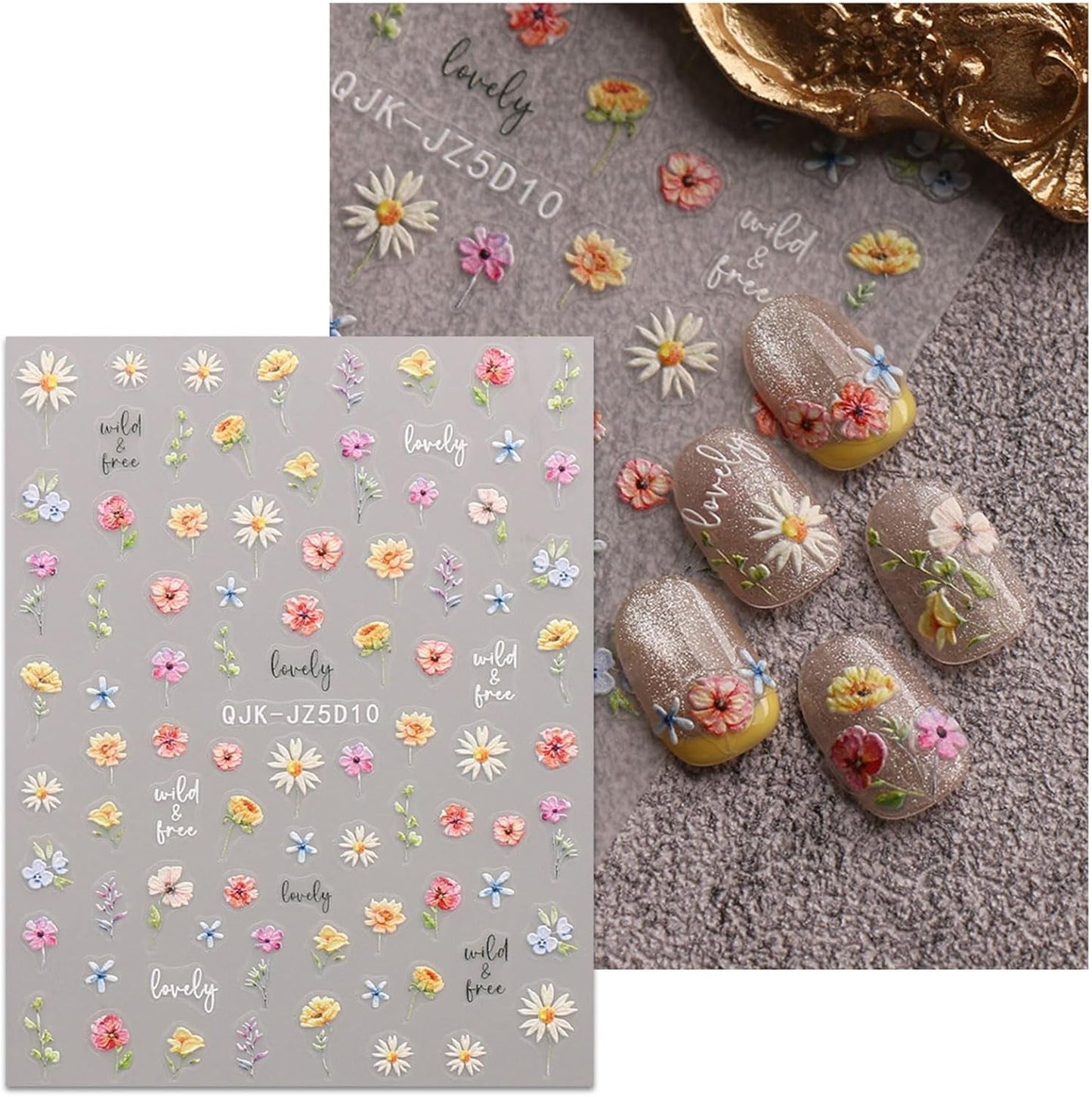 JMEOWIO 3D Nagelsticker Blumen Nail Art Sticker Selbstklebend Nagelaufkleber 5D Stereoscopico Frühling Sommer Blumen Dekoration Nageldesign Zubehör 4 Blatt