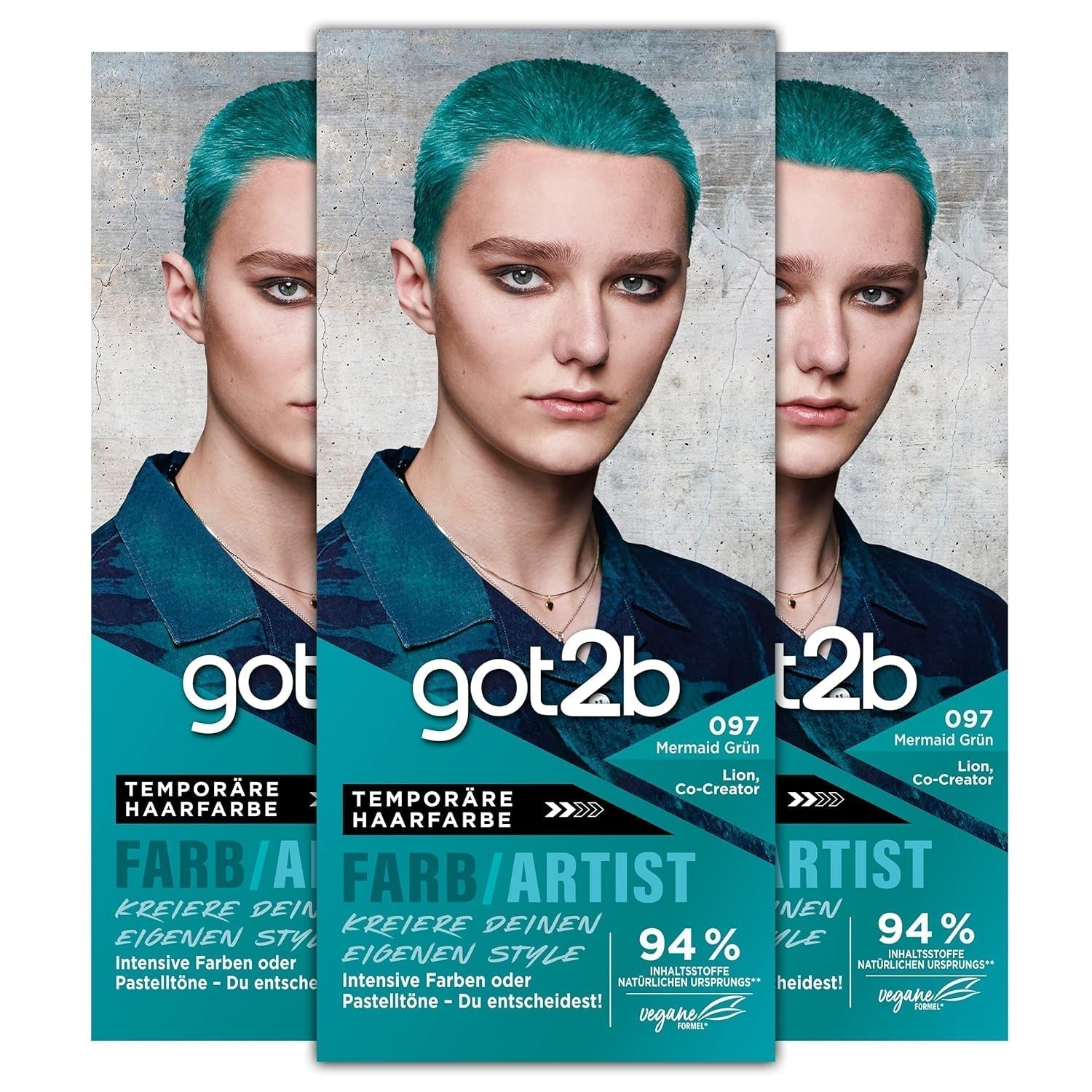 got2b Colour/Artist 097 Sirena Verde Livello 2 (3x 80 ml), tintura temporanea per capelli che fa brillare i capelli in colori intensi o tonalità pastello, tintura per capelli dura 12-15 lavaggi, formula vegan Tintura per capelli Naty Shop 097 Sirena Verde