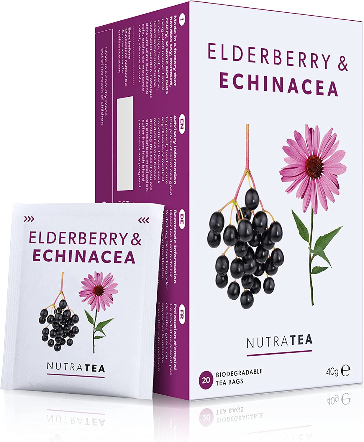 Nutra Tea Sambuco ed Echinacea, Tè per l'immunità e il raffreddore, Tè per il supporto immunitario, Lotta al freddo, 20 bustine di tè riutilizzabili, Tisana naturale