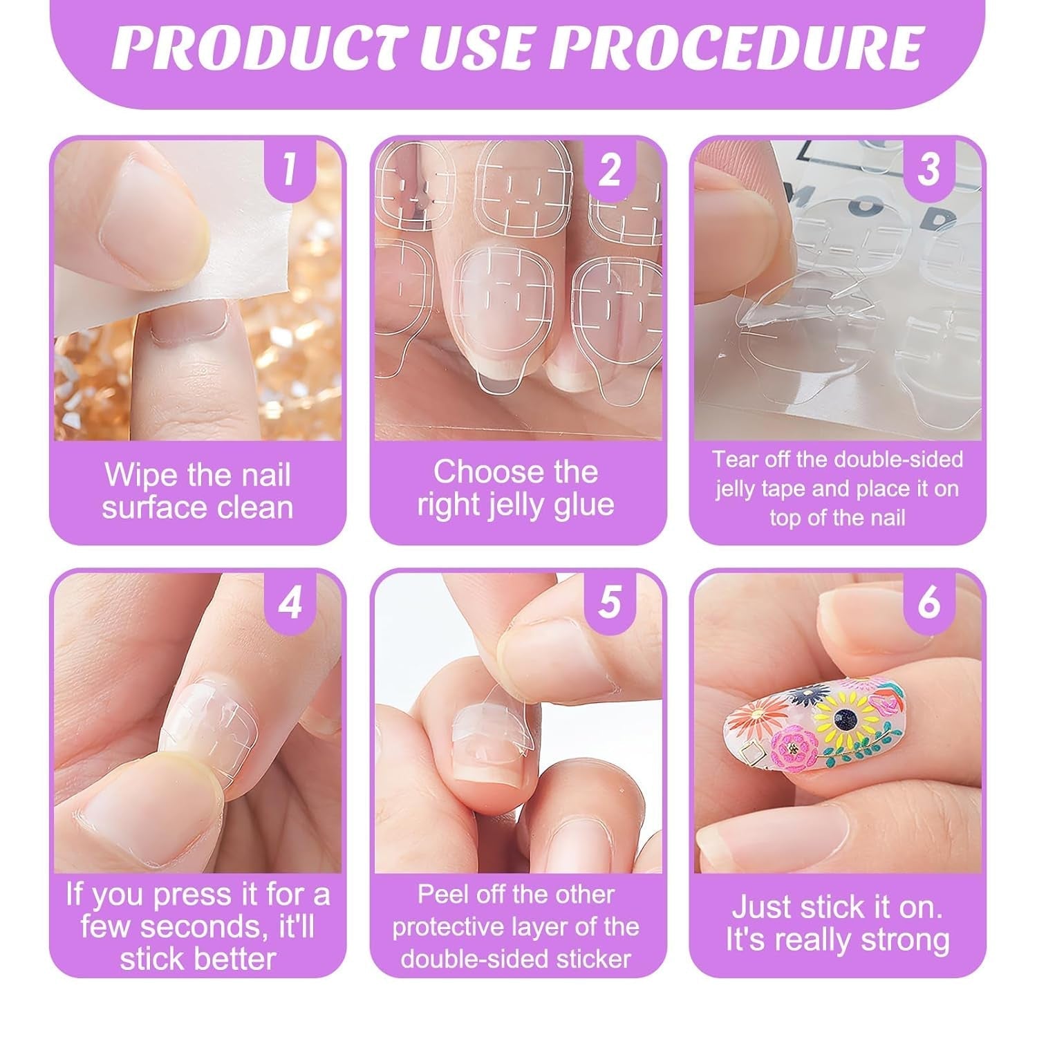 Tamponi di colla per unghie da 240 pezzi, foglio adesivo per unghie finte, 10 fogli adesivi biadesivi trasparenti e traspiranti super adesivi (gel gelatina) per manicure e unghie artificiali, incluso set manicure