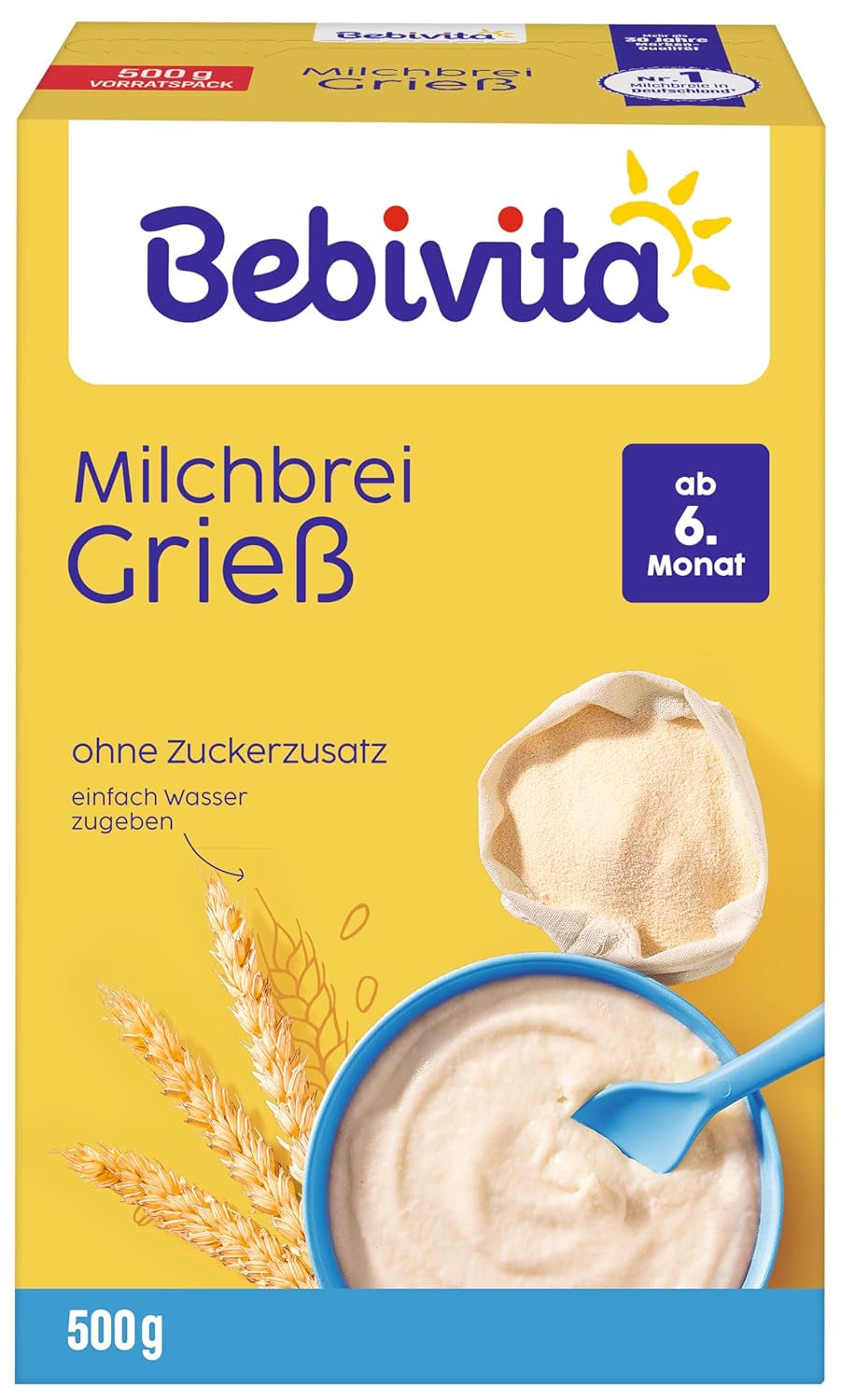 Porridge di semolino con latte (4 x 500 g), alimento per neonati a partire da 6 mesi, senza zuccheri aggiunti, con preziosi minerali e vitamine, molto saziante