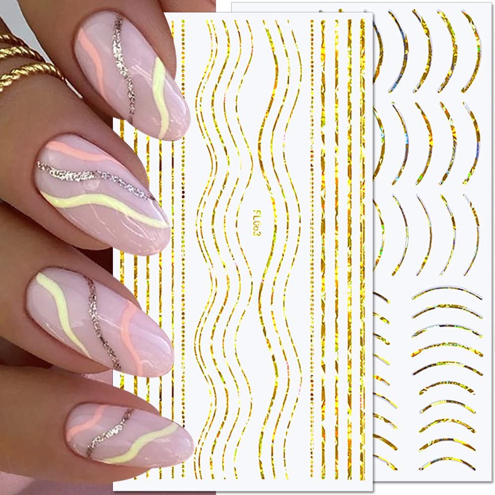 12 fogli Linee glitterate laser Adesivi per unghie autoadesivi Adesivi olografici Strisce di bronzo Adesivi per unghie Linea francese Fiocchi curvi Linee ondulate Adesivi per unghie Accessori per nail art