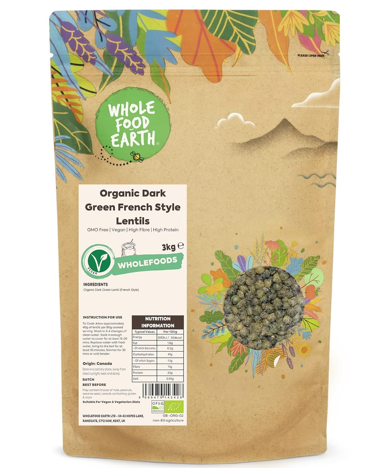 Wholefood Earth Lenticchie Verde Scuro Biologiche Alla Francese 1kg Non OGM | Vegano | Ricco di fibre | Ricco di proteine ​​| Certificato biologico