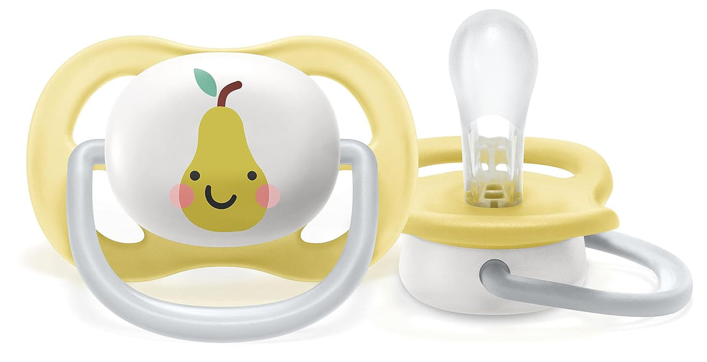 Succhietto Philips AVENT ultra air - confezione da 2, senza BPA, traspirante, per bambini da 0 a 6 mesi, inclusa custodia per il trasporto e sterilizzazione, mela/pera (modello SCF080/17)