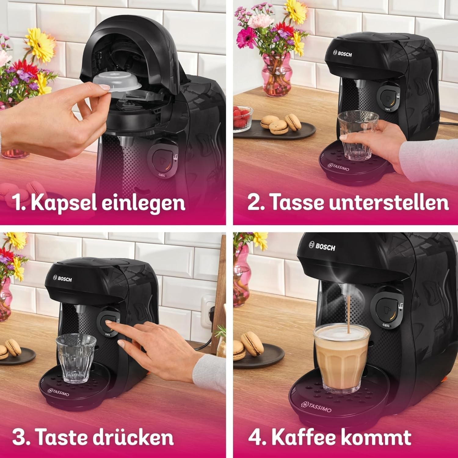 Bosch Tassimo Happy Friendly TAS102E Macchina per caffè a capsule, 70+ bevande, Adatta a tutte le tazze, Auto-Stop, Sostenibile, Dosaggio perfetto, Salvaspazio, 1400 W, Nero