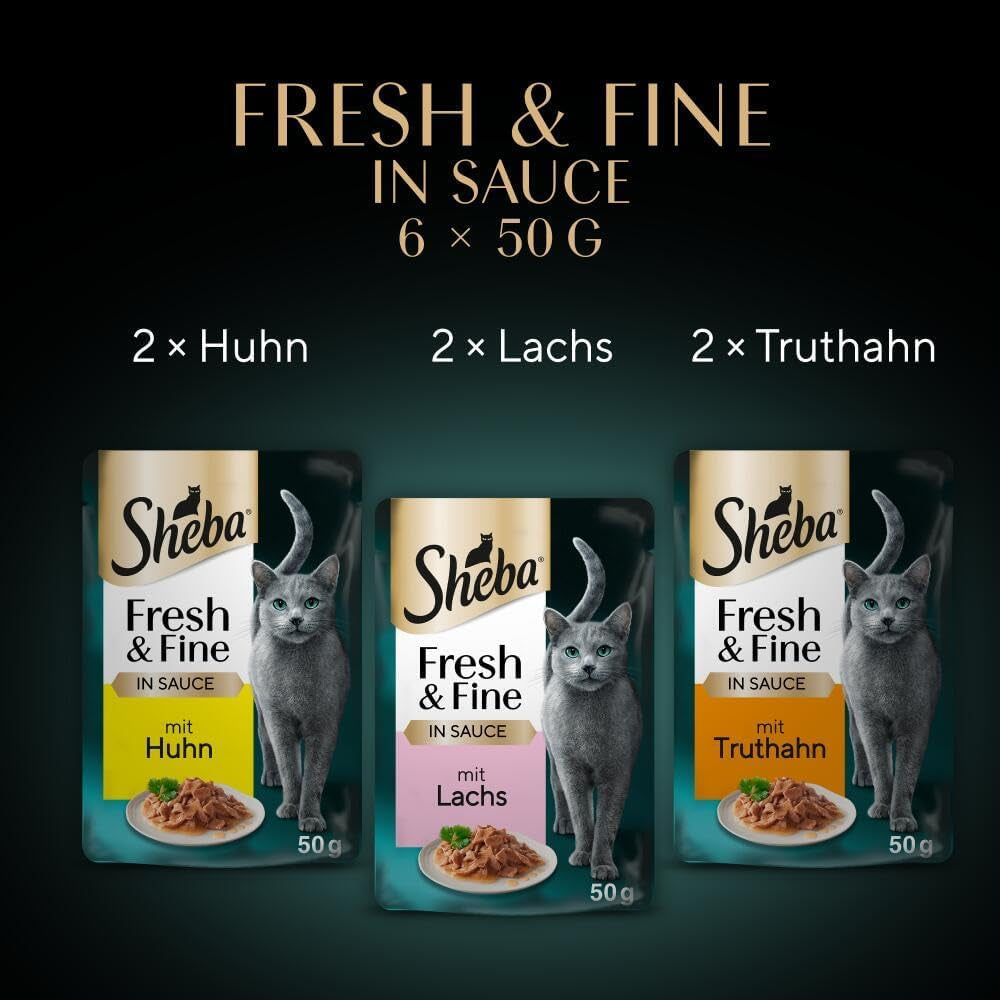 Sheba Portion Pouches Cibo umido per gatti, confezione multipack Fresh & Fine in salsa con pollo e salmone MSC, 6x6x50g - Piatti fini per gatti in salsa