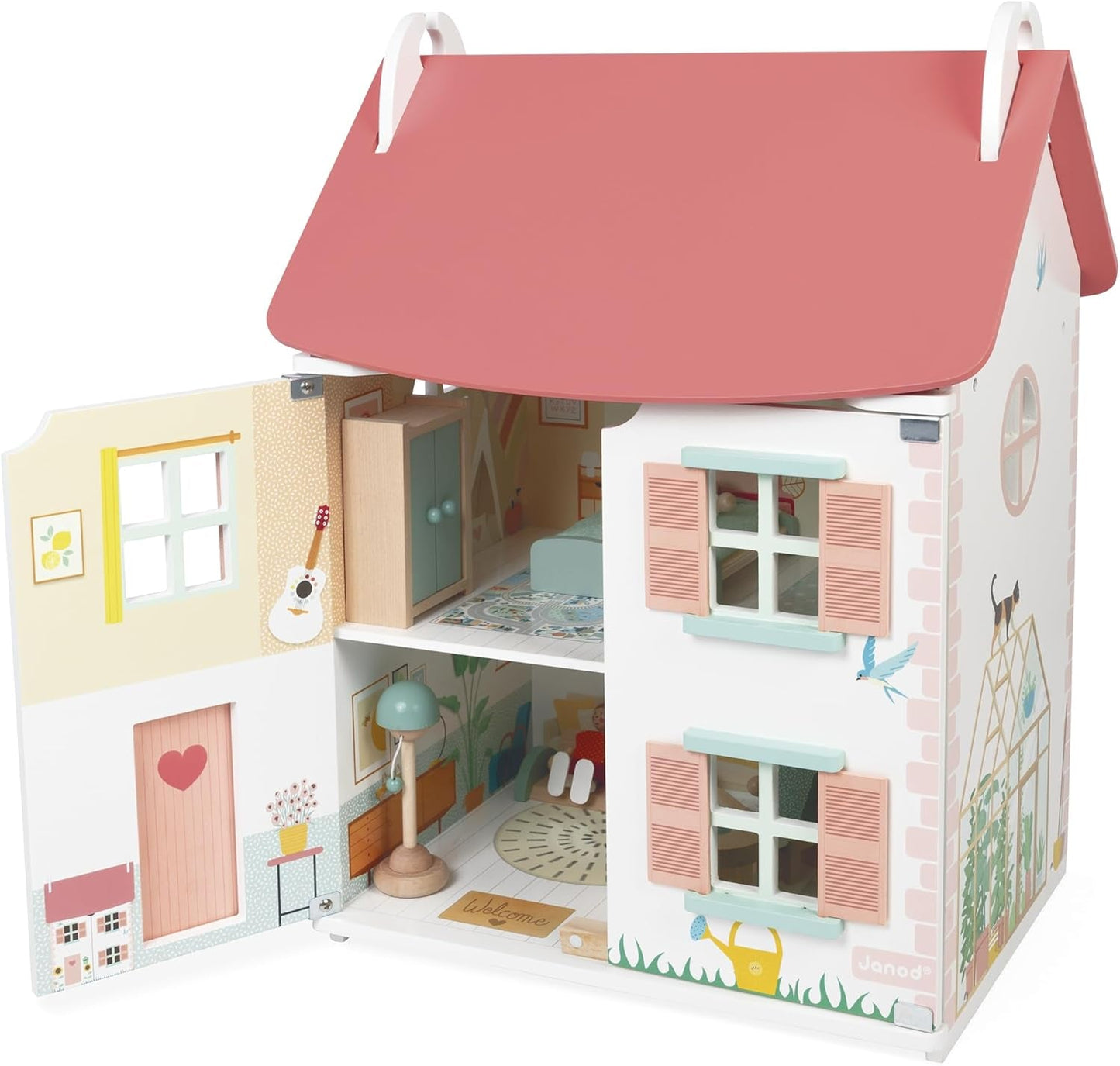 Janod - La mia prima casa delle bambole in legno - 10 accessori - Mobili per bambole - Porte magnetiche e tetto rimovibile - Giocattolo in legno certificato FSC - Dai 3 anni in su