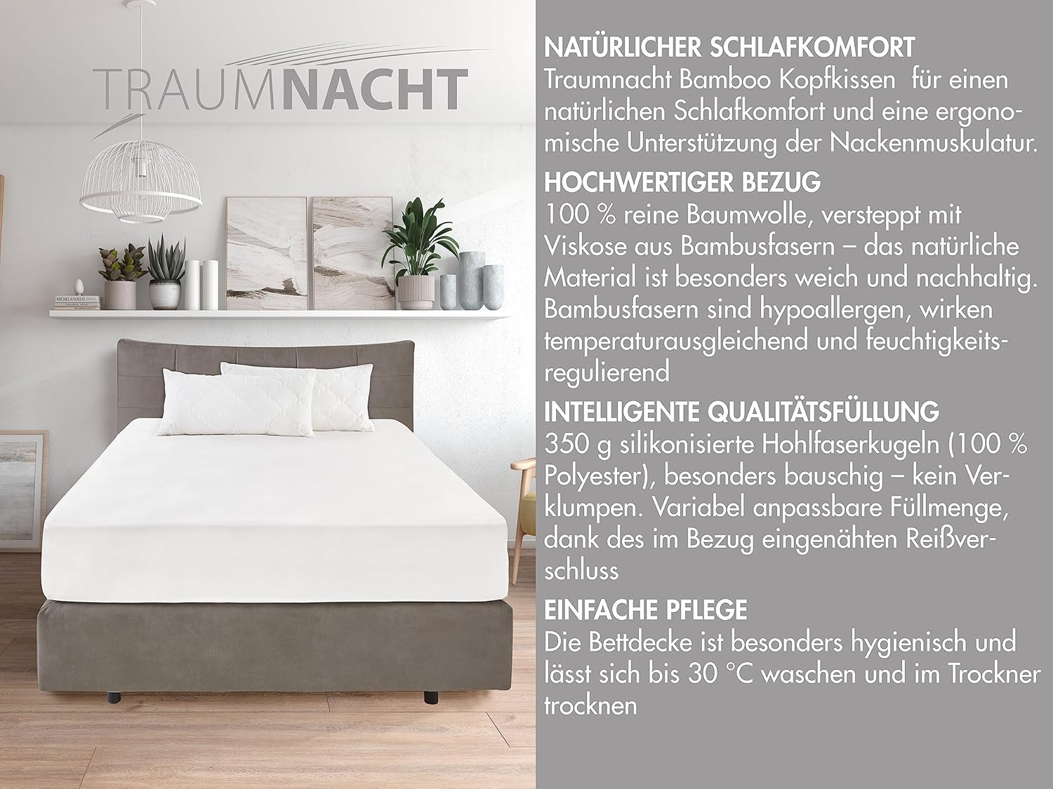 Traumnacht Cuscino Bamboo con fibre di bambù, ipoallergenico, antibatterico Set cuscini con cerniera, composto da 2 cuscini 40X80Cm, certificato Oeko-Tex, sviluppato in Germania Naty Shop cuscini standard